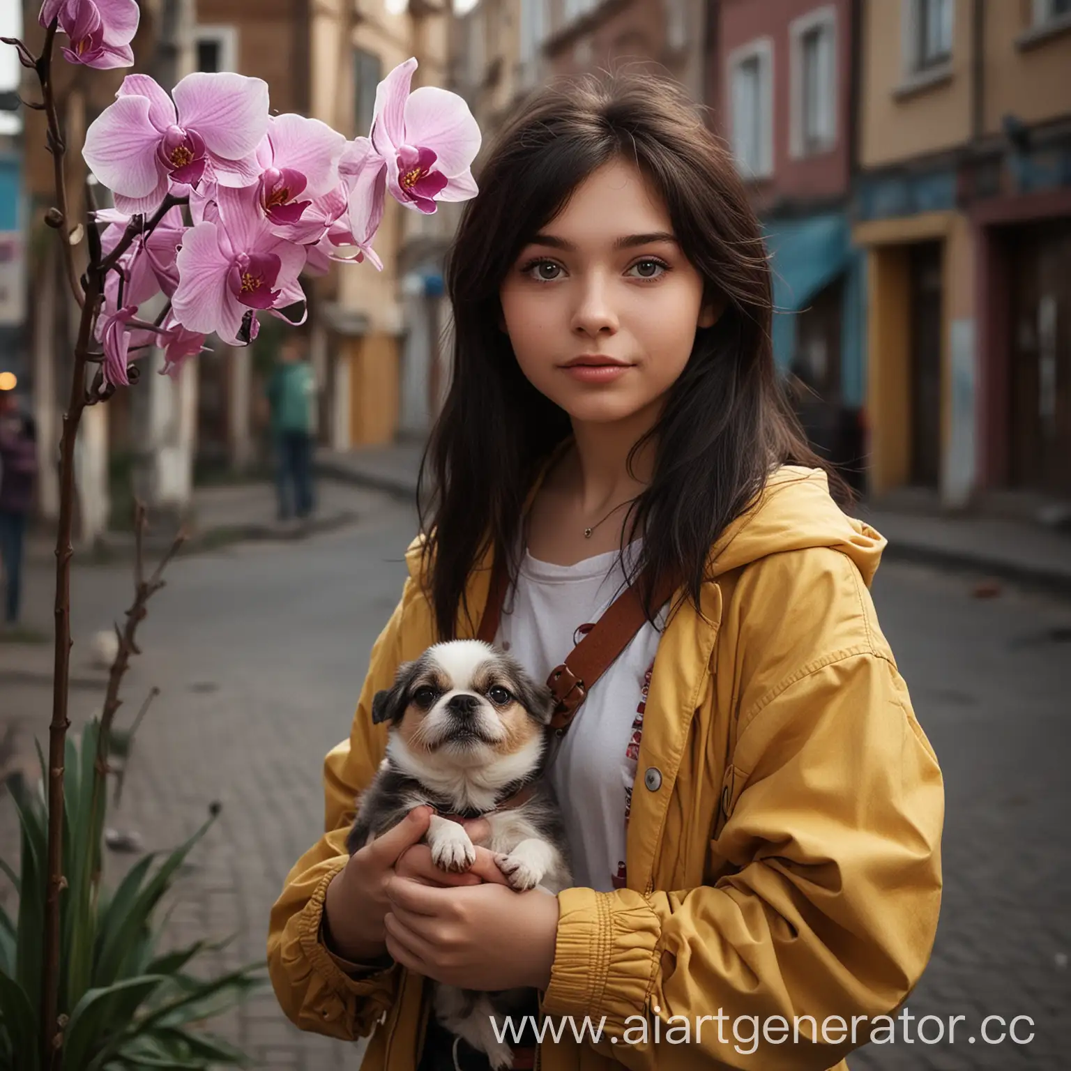 Нарисуй в стиле Дисней образ фотографа в архетипе славный малый, девушк 24 лет, живет в городе Тюмень, занимается фотографиями 10 лет, с темным цветом волос, любит собак и орхидеи