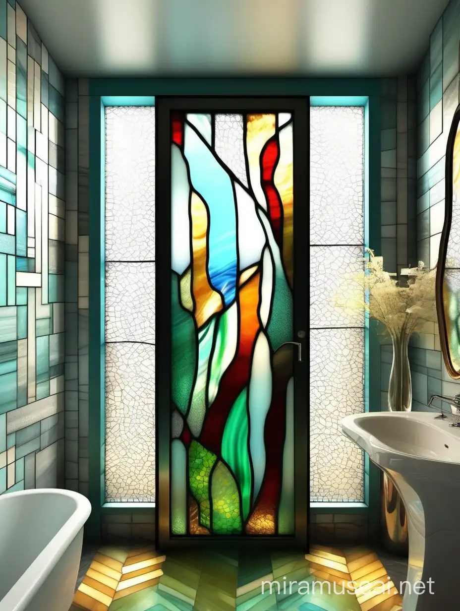 Vibrant Tiffany Colored Stained Glass Door in Bathroom