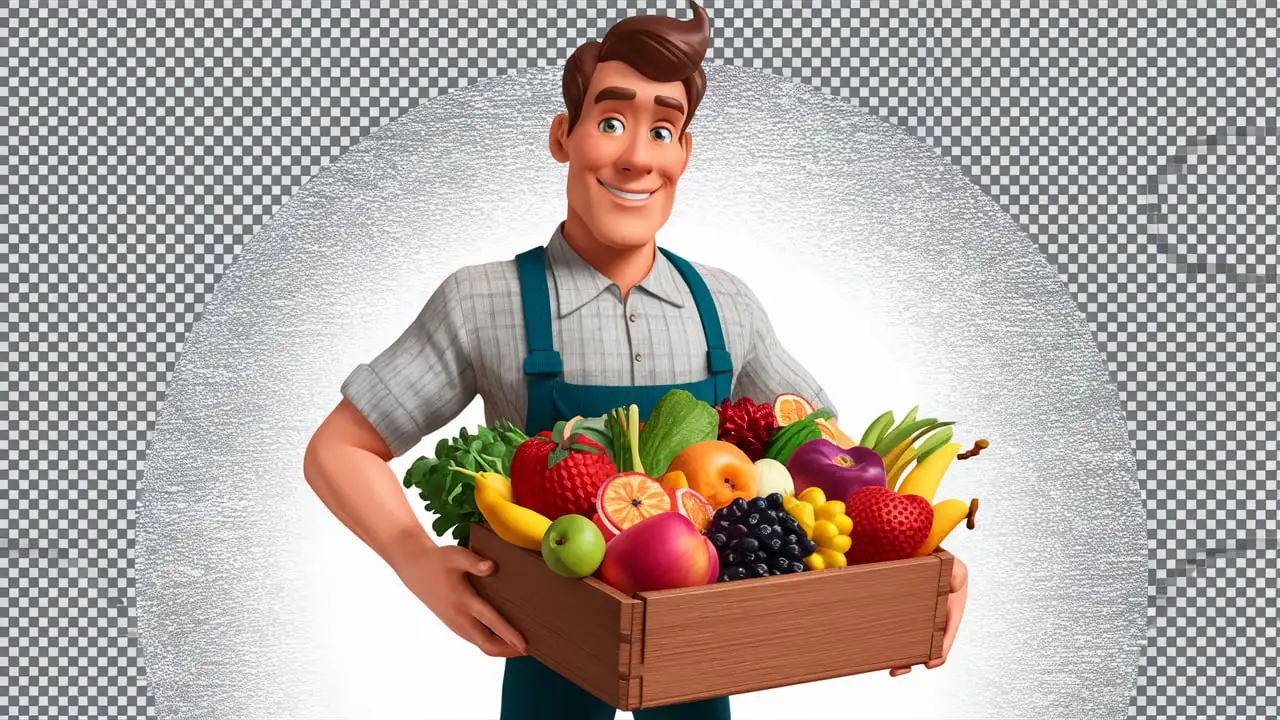 Young Male Fruit and Vegetable Salesman in Cartoon Style Holding Wooden Box