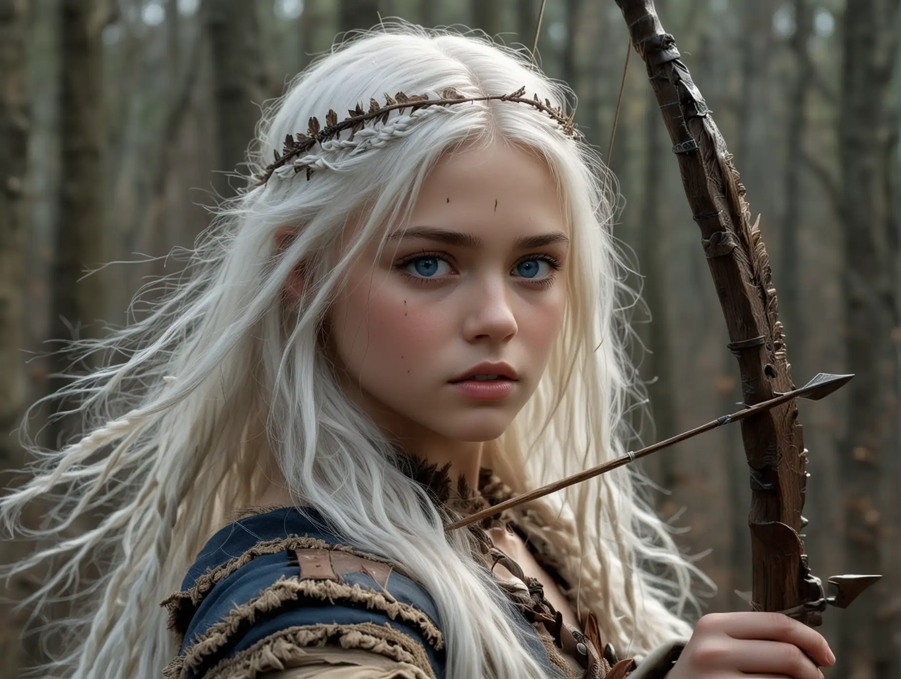 Primitive-Period-Young-Girl-Hunting-with-White-Hair-and-Blue-Eyes