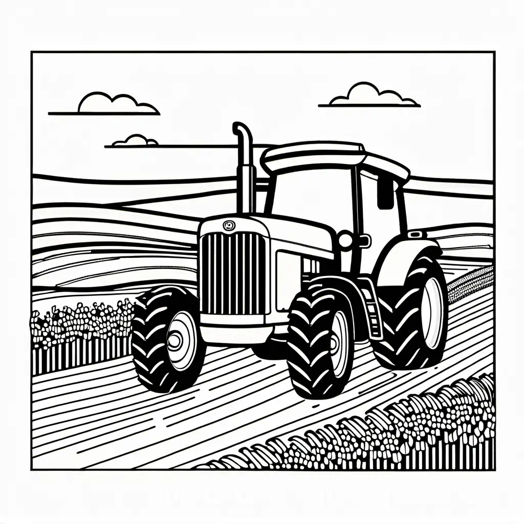 colouring in sheet for toddler. Please include two john deere tractors in a paddock of wheat, Coloring Page, black and white, line art, white background, Simplicity, Ample White Space. The background of the coloring page is plain white to make it easy for young children to color within the lines. The outlines of all the subjects are easy to distinguish, making it simple for kids to color without too much difficulty