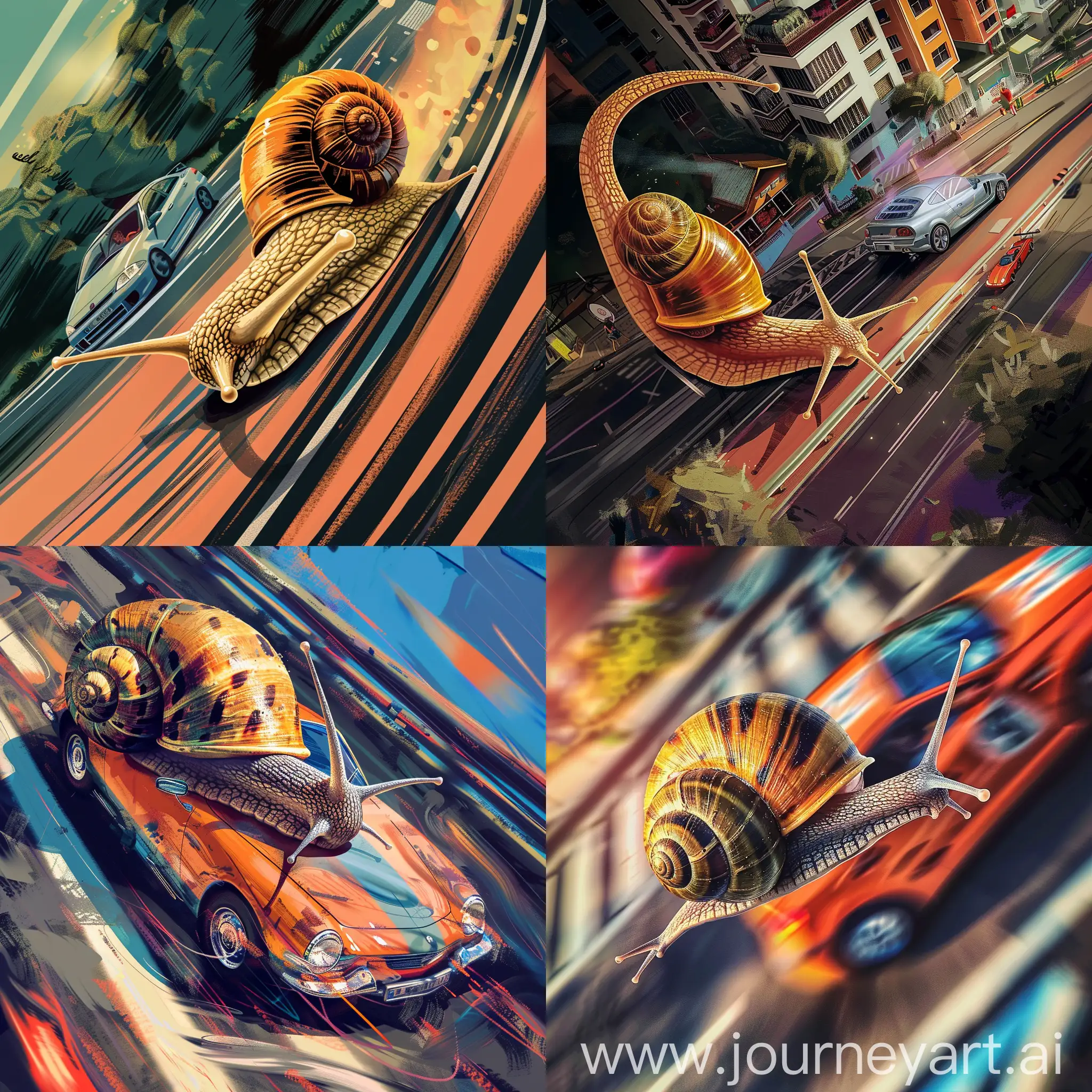 Giant snail racing a car, high speed, intense, dynamic, detailed, cartoon style, wide angled, overhead view, vibrant colors, whimsical, absurd, surreal, fun