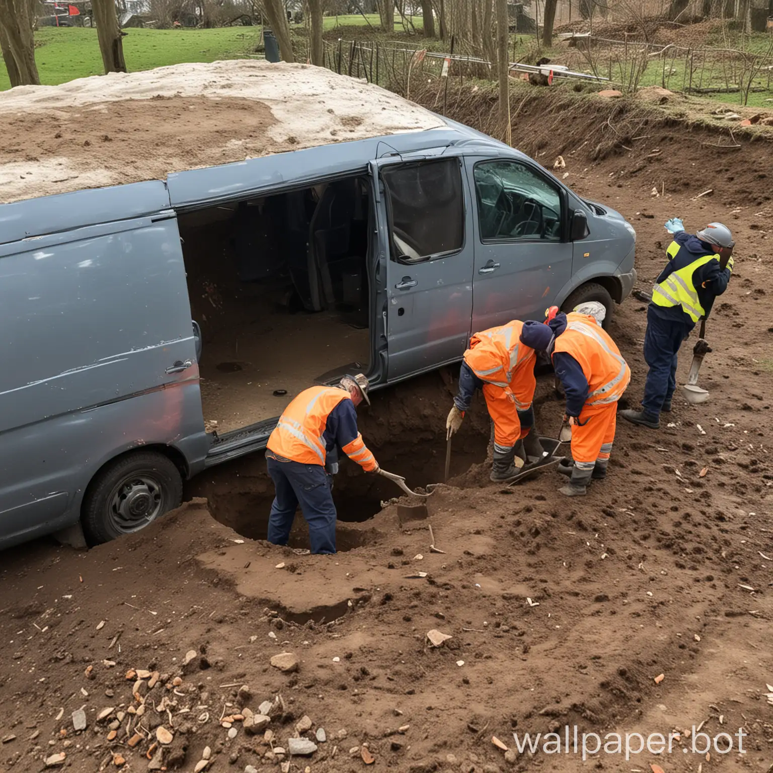 Technicians digging a hole with a van in the hole