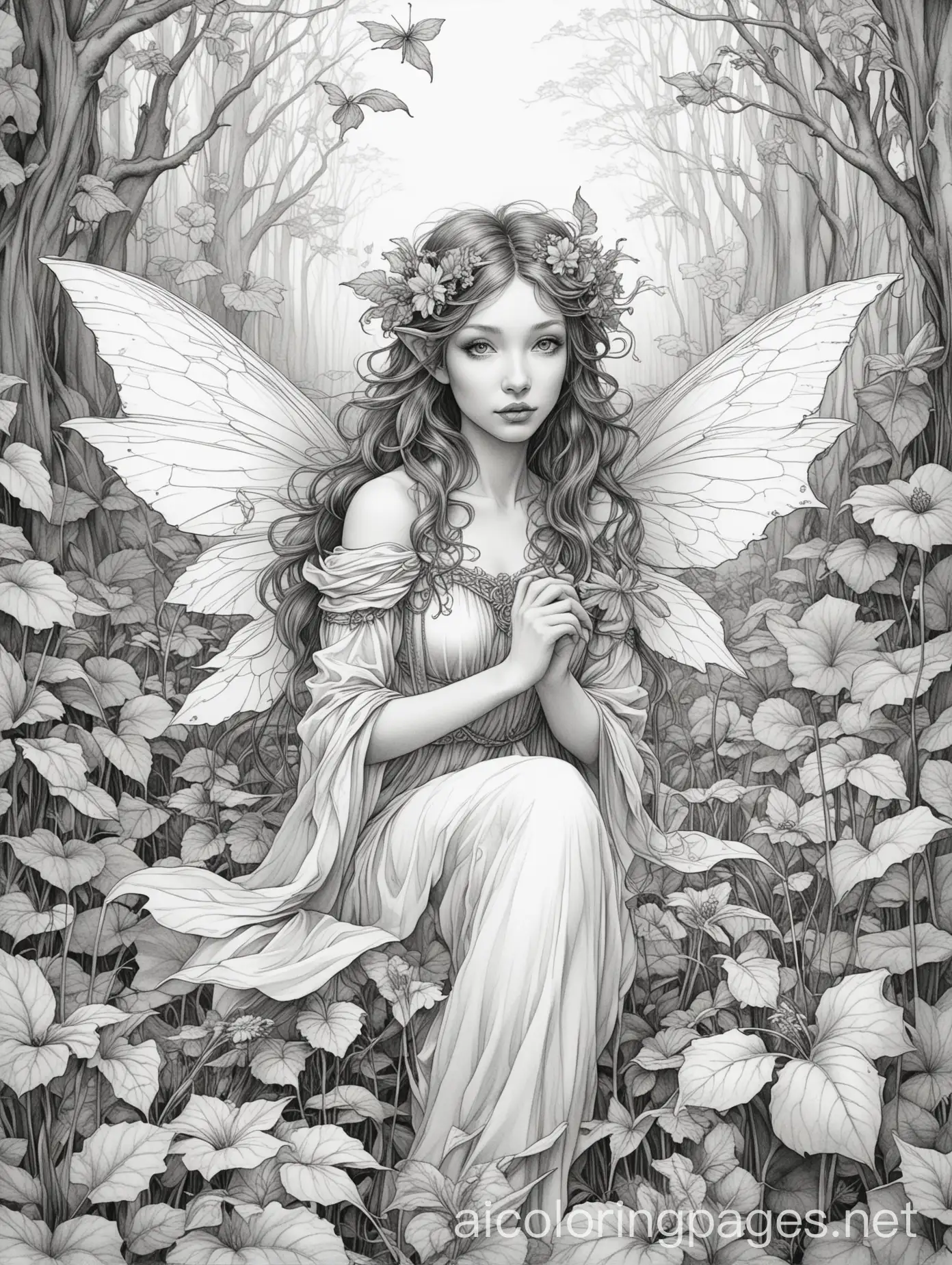 colouring page line art fairy land in the style of brian froud, Coloring Page, black and white, line art, white background, Simplicity, Ample White Space. The background of the coloring page is plain white to make it easy for young children to color within the lines. The outlines of all the subjects are easy to distinguish, making it simple for kids to color without too much difficulty