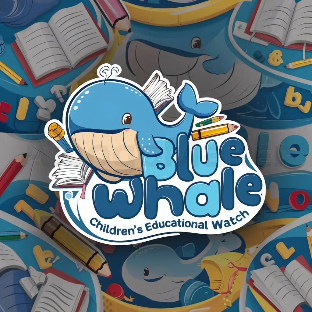 a logo design,with the text "blue whale", main symbol:Create a logo for a children's educational smartwatch named 'Blue Whale Children's Educational Watch.' The logo should feature a cute, cartoon-style blue whale with a friendly, smiling expression. Surround the whale with small educational elements such as books, pencils, or alphabet letters. Use different shades of blue as the primary color scheme, with accents in bright colors like yellow and red to add a playful touch. Include the text 'Blue Whale Children's Educational Watch' in a rounded, easy-to-read font, either below or around the whale. The design should be modern, simple, and appealing to children, emphasizing both fun and education.,Moderate,be used in Education industry,clear background