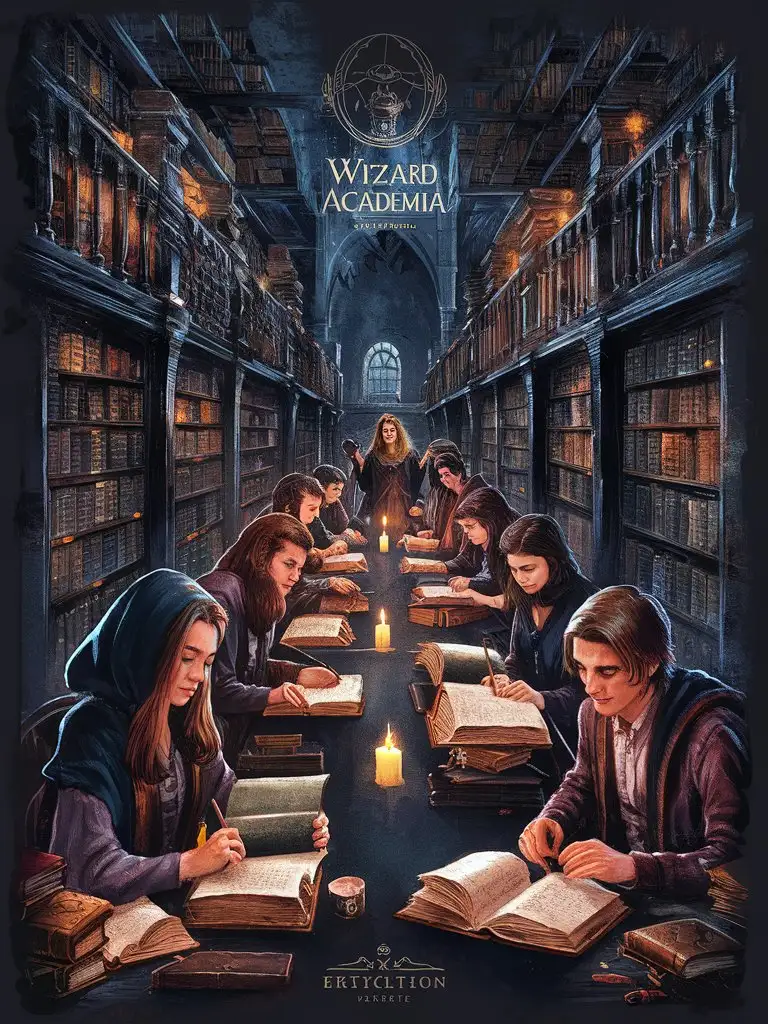 Dark Academia Students in Wizard Library Digital Illustration with Graphic Art Style