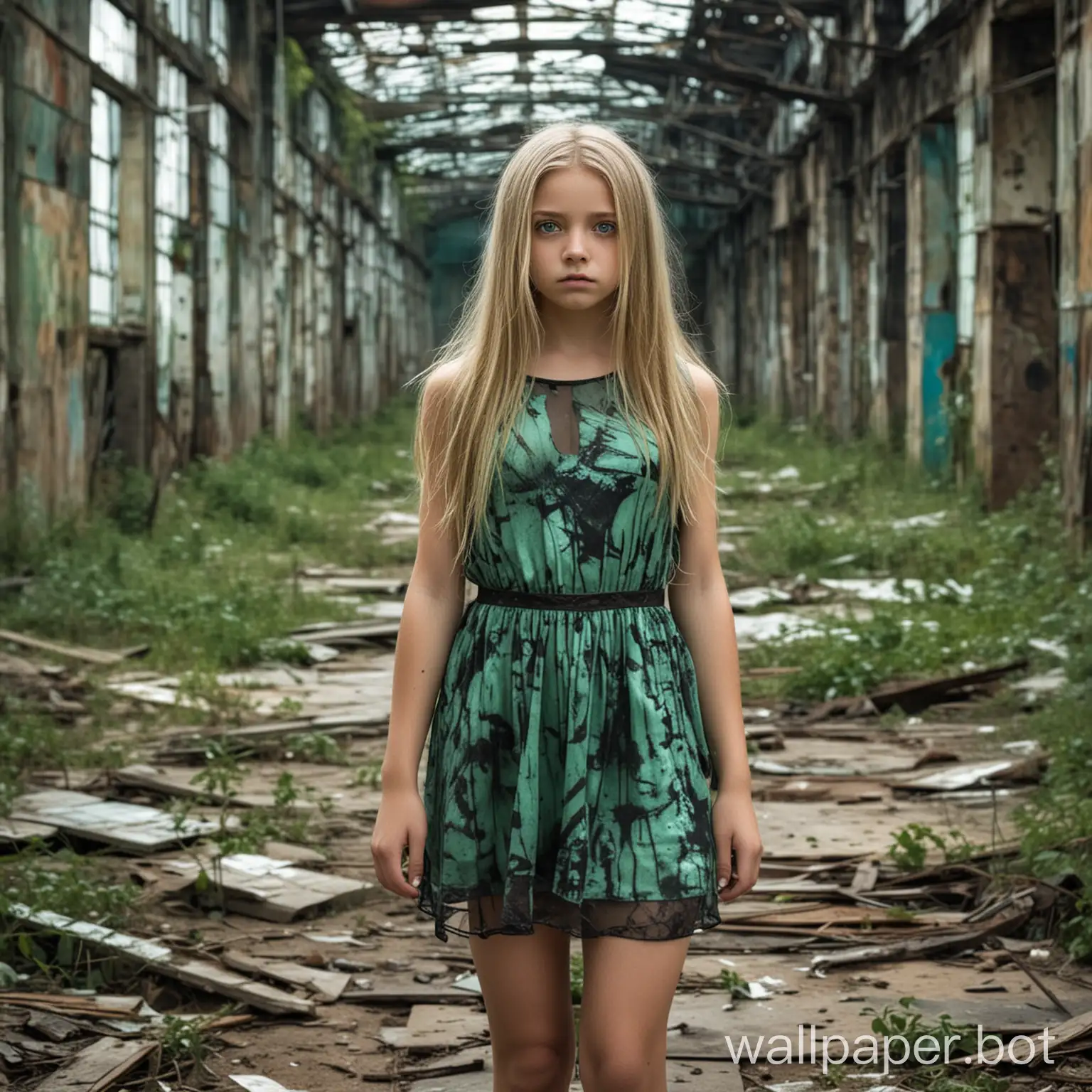 a beautiful girl, age about 12, long blonde straight hair, green eyes, She is wearing a semi-transparent short dress, She is in an abandoned futuristic landscape, she looks desperate