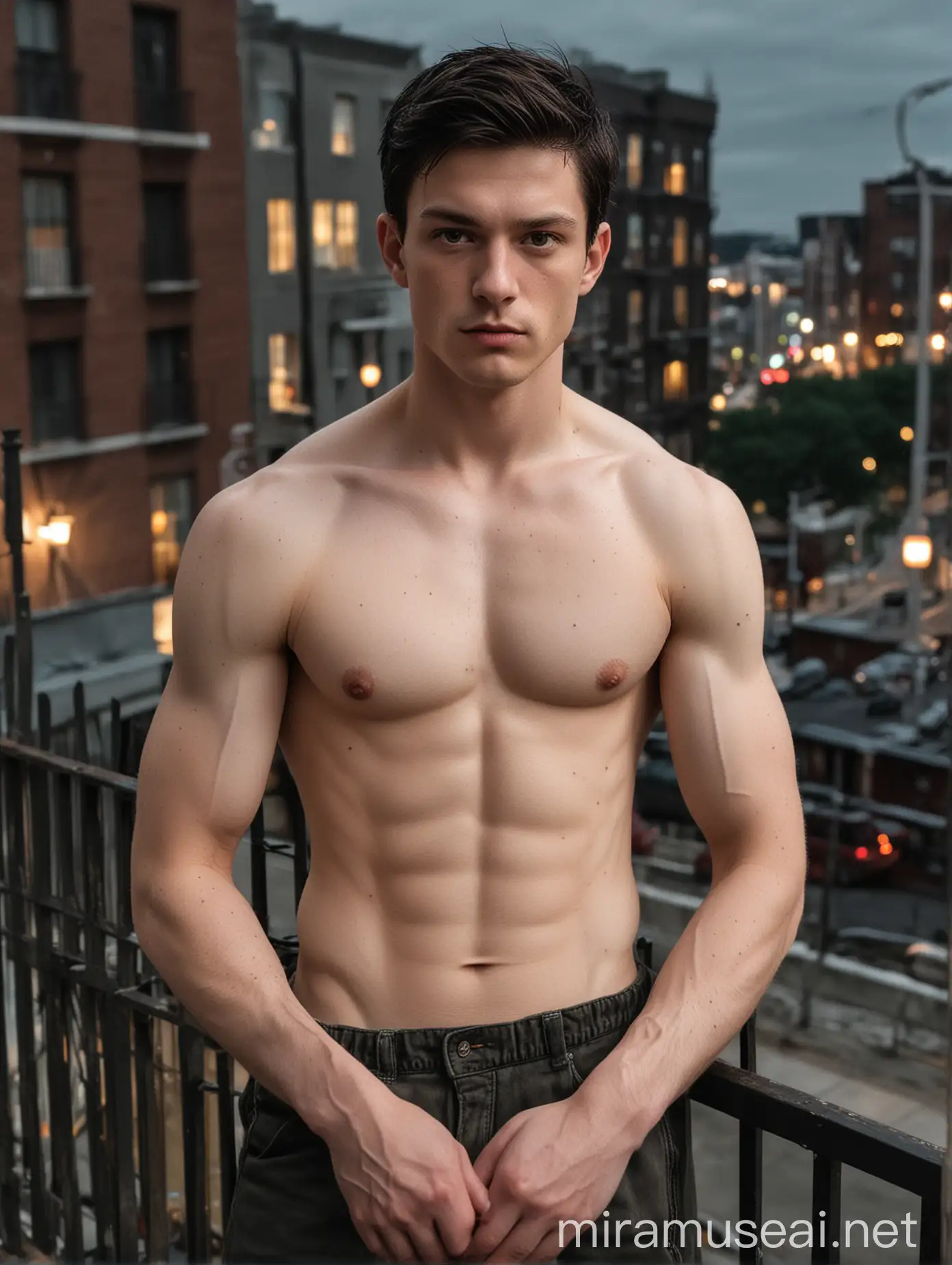 The subject of the portrait is a man with white, pale skin and a flawless physique and athletic body while looking at the camera intently. He’s topless and have short regulation-cut black hair. He is leaning at the railings of building. The image should prominently highlight his brown eyes while ensuring the eye and hair color remain distinct. The background should be a night time and buildings with lots of city lights.