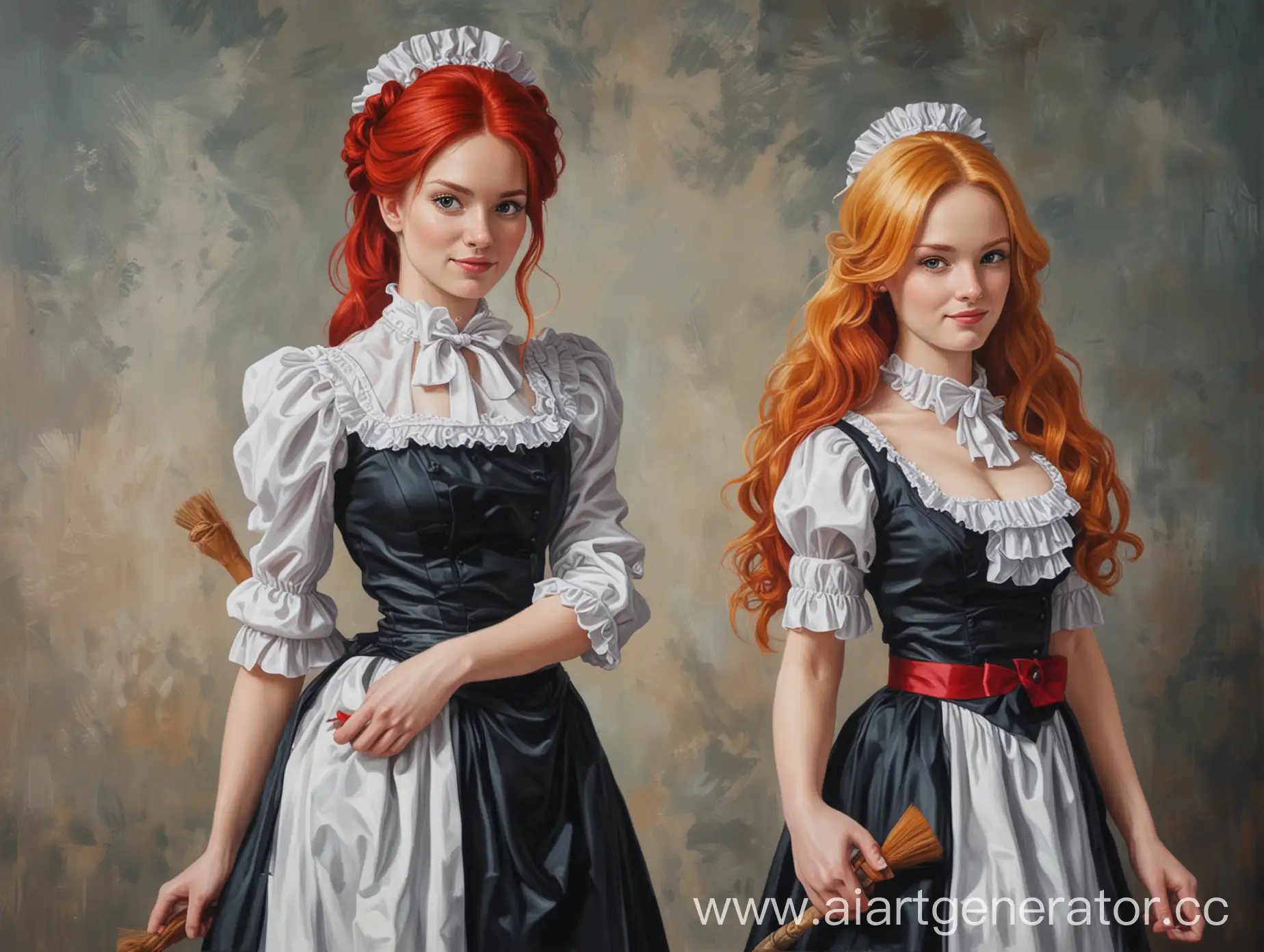 картина акрилом в полный рост: 2 разных персонажа - рыжая служанка и блондинка аристократка