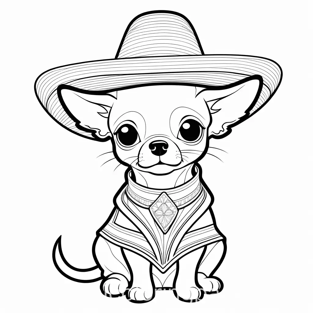 Create a full body, highly detailed image of a Chihuahua puppy wearing a sombrero, the puppy should be depicted with a smooth coat, large cute expressive eyes, and prominent ears, it should be wearing a traditional Mexican sombrero atop its head, Coloring Page, black and white, line art, white background, Simplicity, Ample White Space. The background of the coloring page is plain white to make it easy for young children to color within the lines. The outlines of all the subjects are easy to distinguish, making it simple for kids to color without too much difficulty