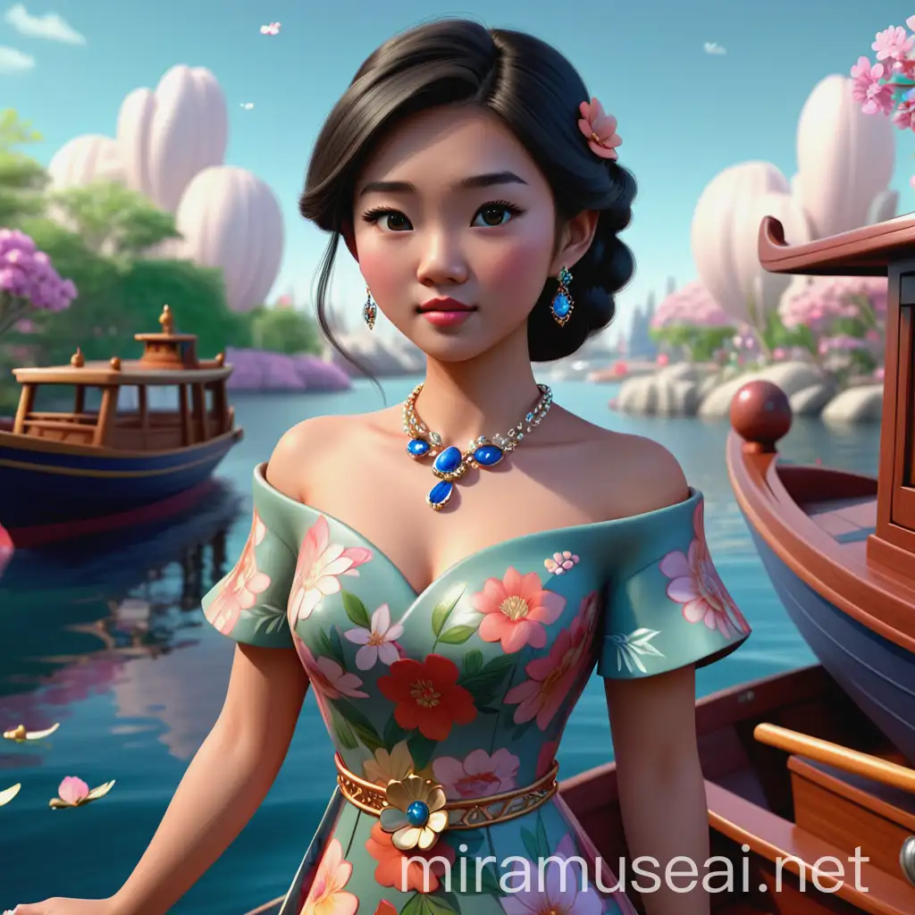 Asian Girl in Disney Style Floral Dress by Boat