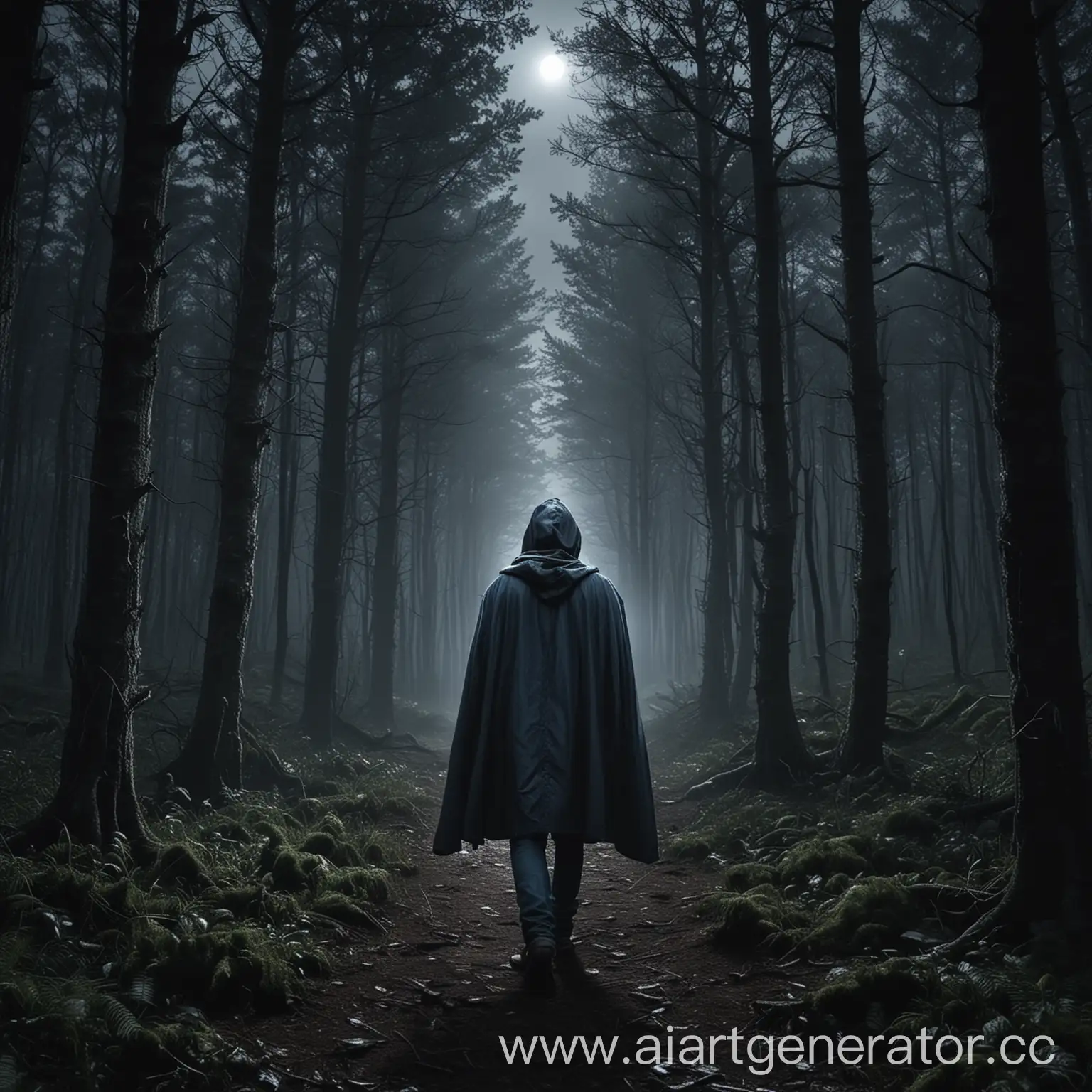 Mysterious-Nighttime-Forest-Exploration-Lone-Wanderer-with-Backpack-and-Flashlight