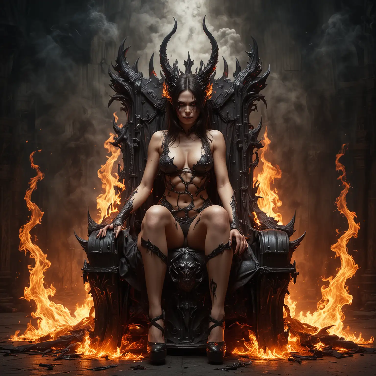 femme demon sexy inquiétante assise sur un trône de fer flammes sur scooter