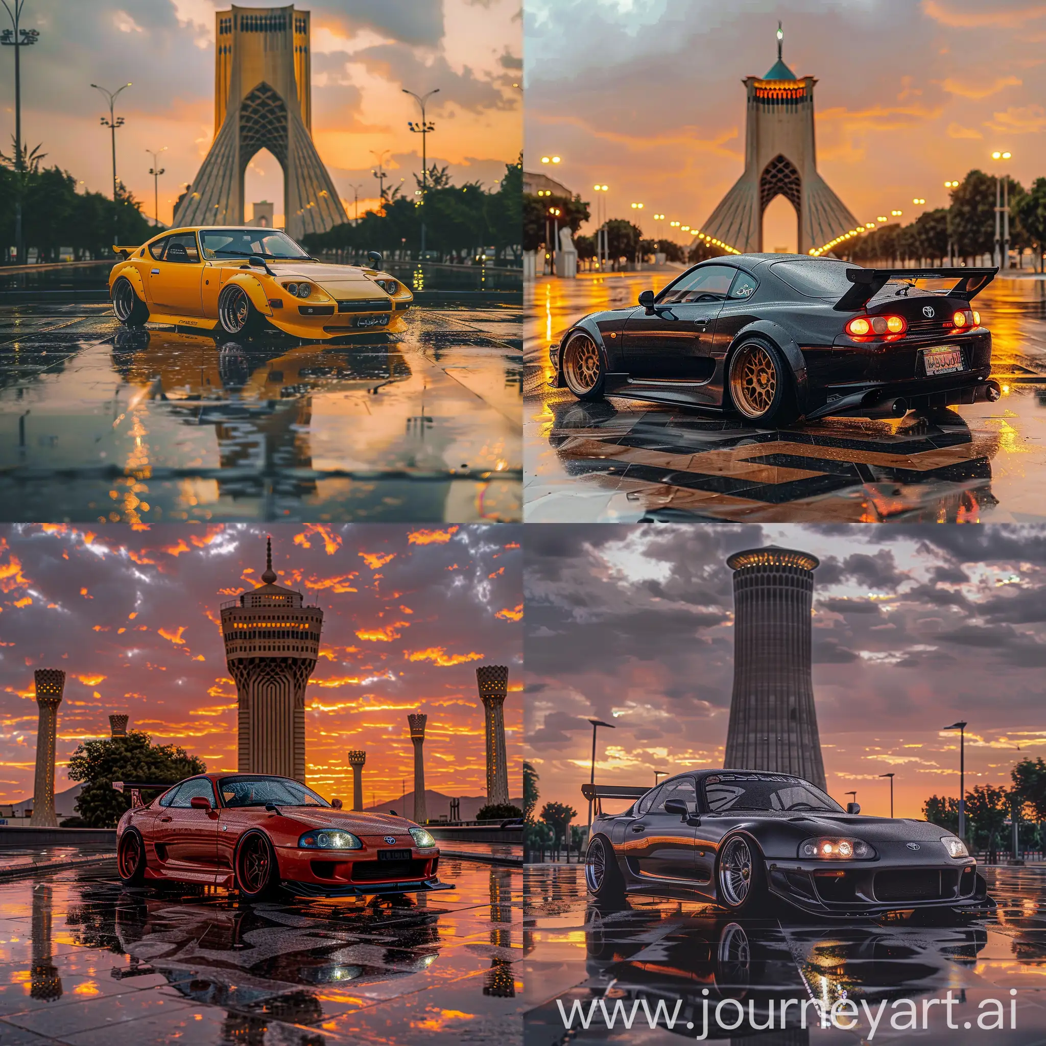 Toyota supra MK5 in the middle of Azadi Tower, Iran, rainy weather and a beautiful sunset