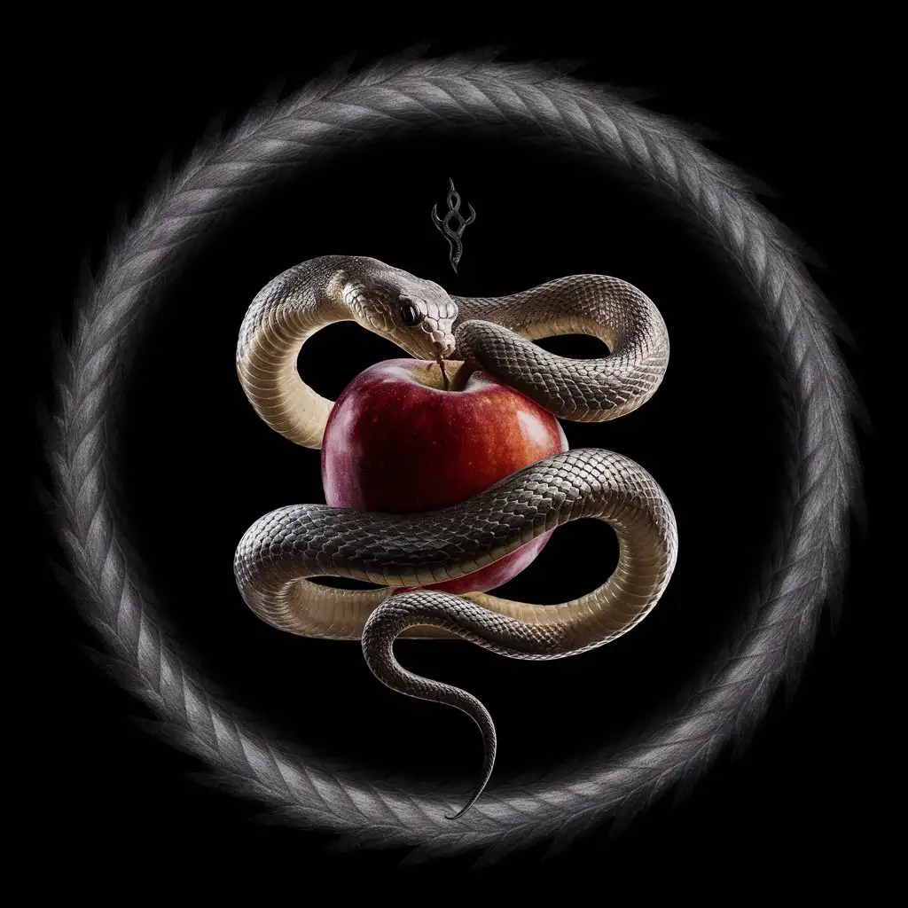 Чёрный фон а на нём змея держащая яблоко хвостом и всё это в змеином кругу
