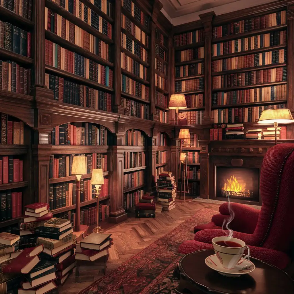 A photorealistic image of a well-stocked home library with a cozy armchair.