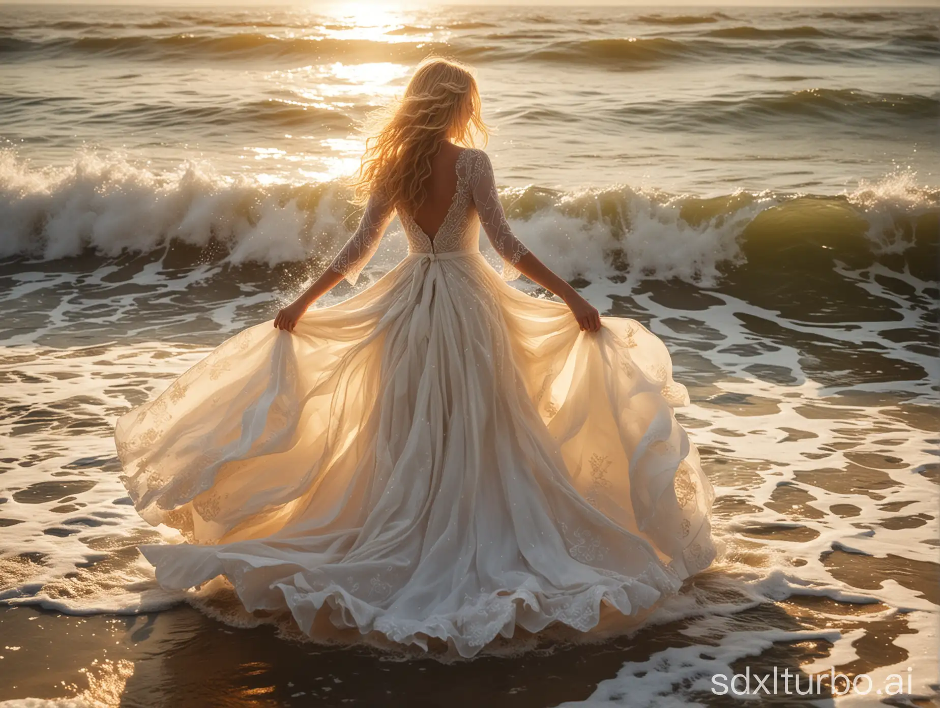 A captivating scene of a girl with cascading blonde hair, elegantly dressed in a radiant white gown, gracefully twirling amidst the mesmerizing waves of a tranquil sea. The golden sun casts its warm, ethereal light upon her, illuminating both her radiant beauty and the shimmering water, creating a surreal and enchanting atmosphere. The waves crash around her, their frothy crests brushing against her gown, while the sunlight dances upon the water's surface, reflecting a dazzling kaleidoscope of light.