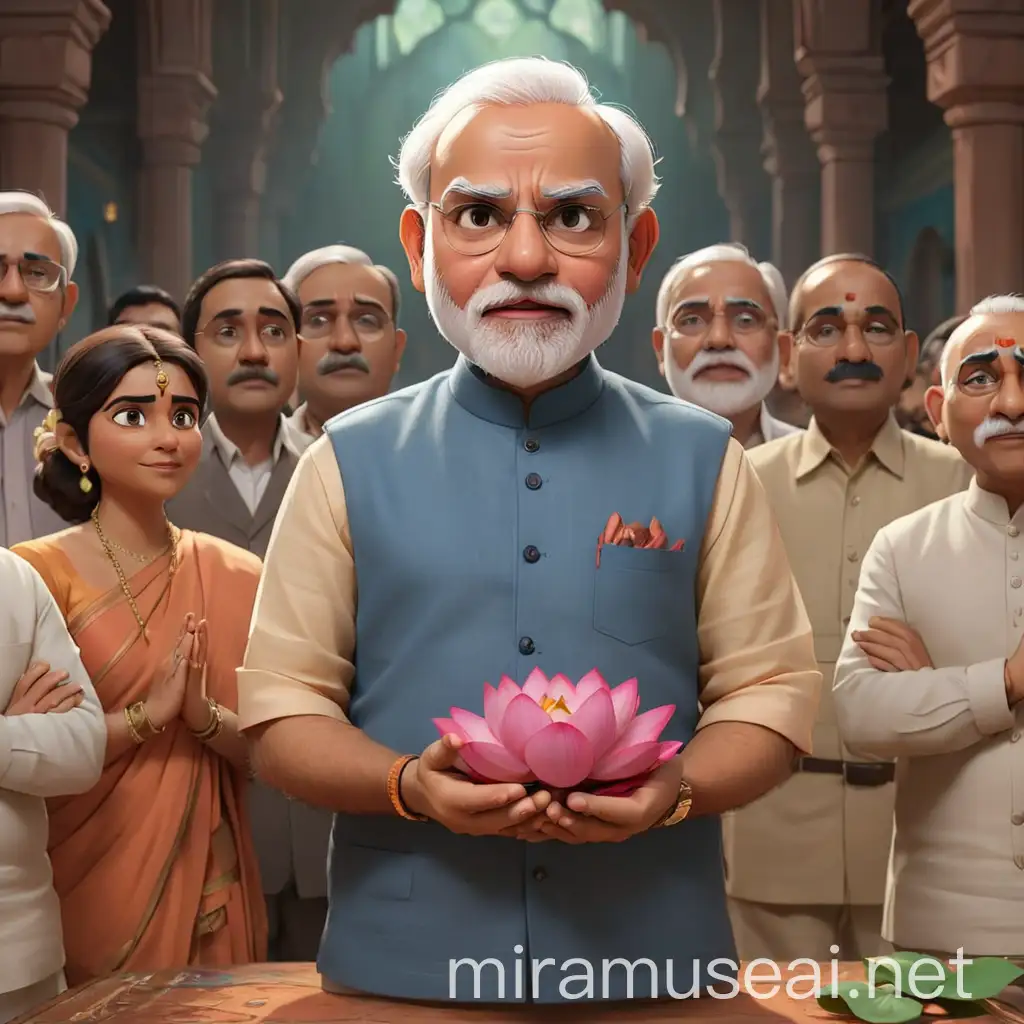 Narendra Modi Holding Lotus Indian Politicians Gather in Disney Pixar Style