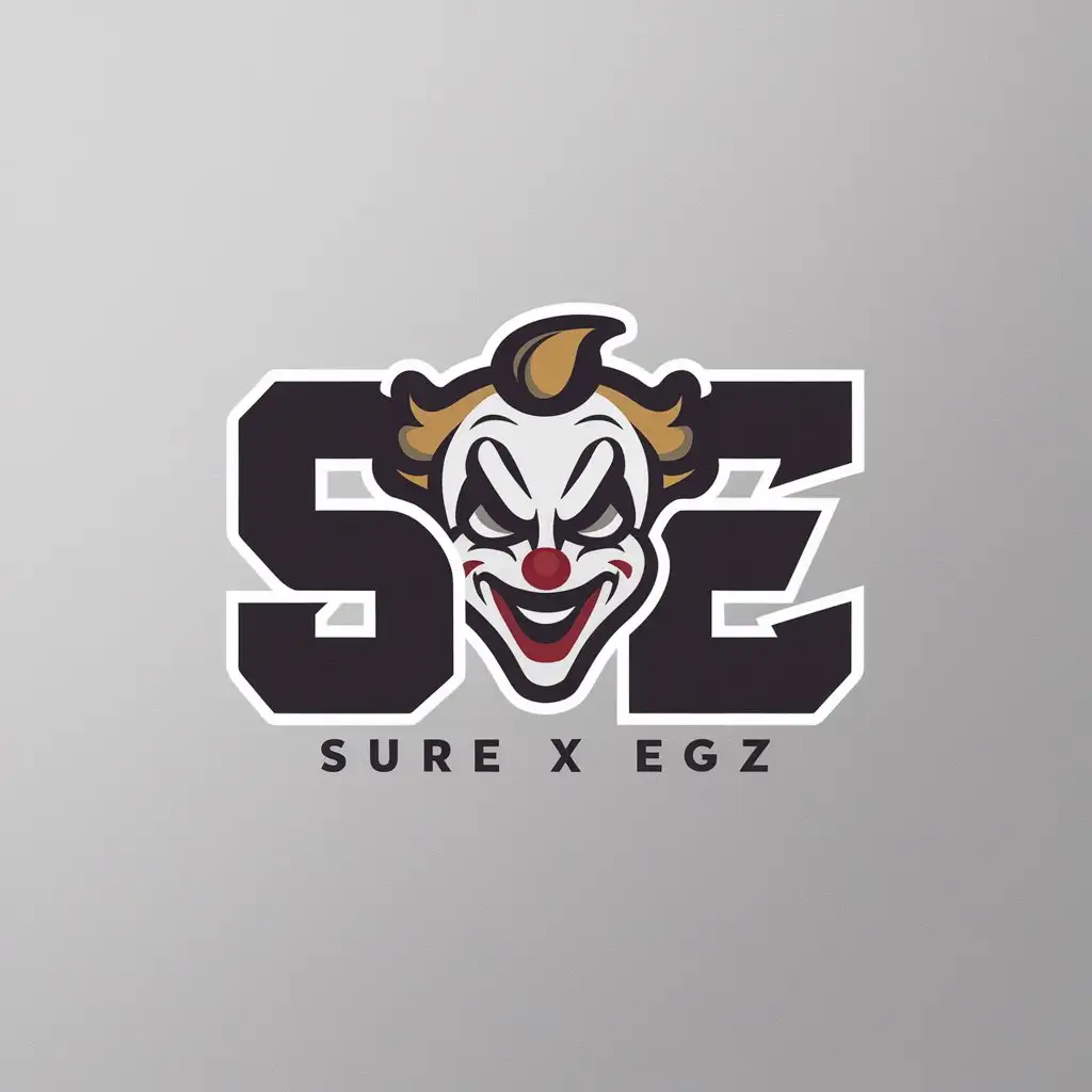 a logo design,with the text "Sure x EGZ Esports", main symbol:SE and Evil clown,Moderate,clear background
