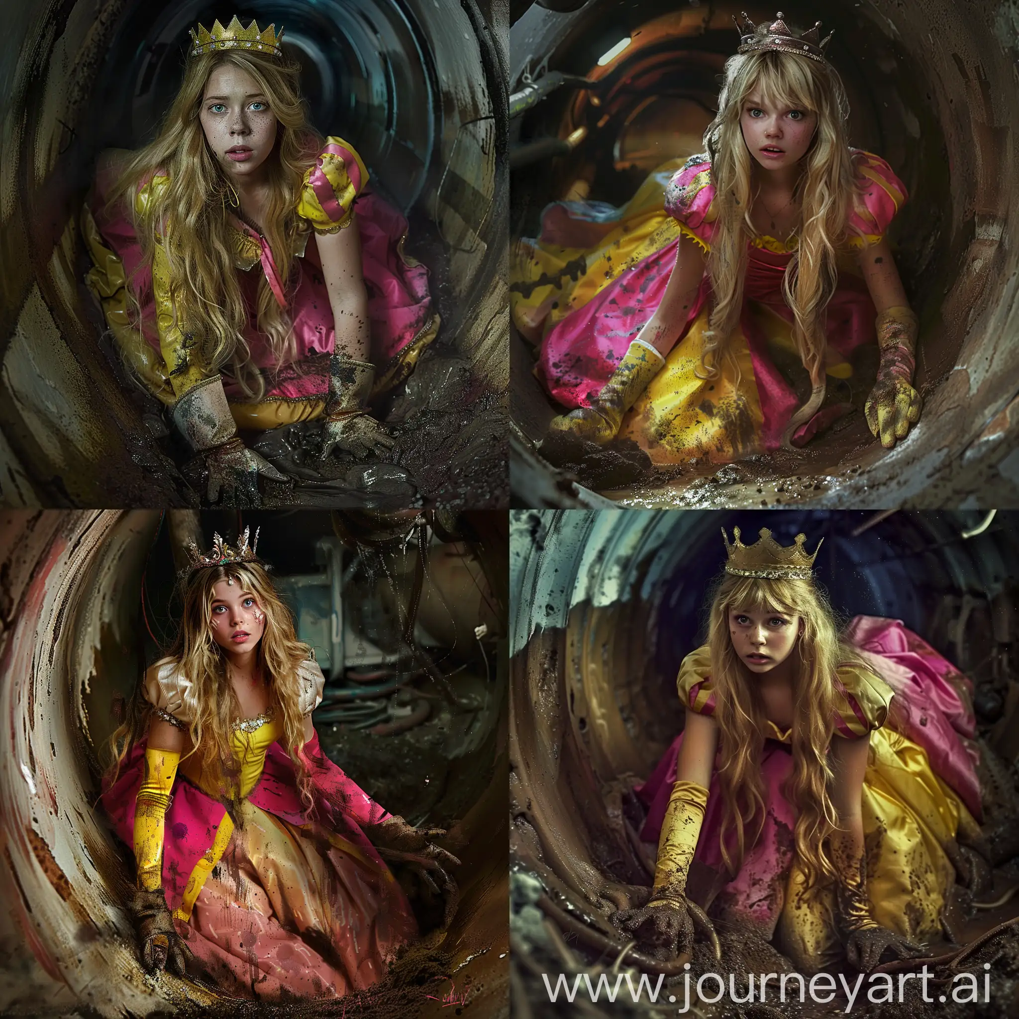 Create an image of a young woman dressed as a princess with long blonde hair and wearing a crown. She's crawling through what appears to be a grimy, sewer-like tunnel, with dirt and grime on her dress and gloves. The princess's dress is a mix of vibrant pink and yellow, but it's visibly soiled. Her expression should show determination or concern as she navigates through this unusual environment. The lighting is low, adding a gritty and adventurous atmosphere to the scene.