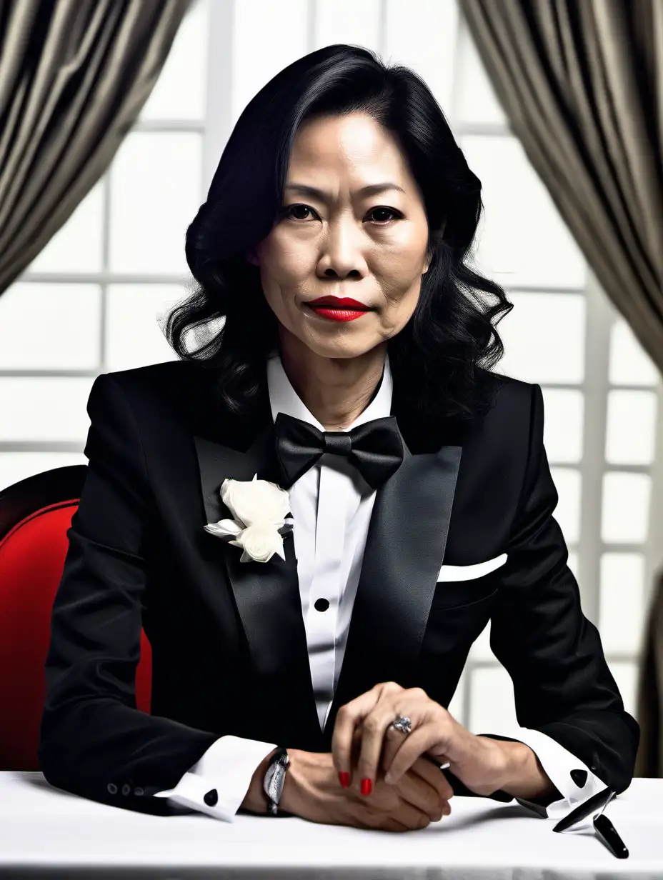 A stern40 year old Vietnamese woman with shoulder length hair and red lipstick sitting at a dinner table.  She is wearing a tuxedo. (Her shirt is white. Her bowtie is black. Her shirt buttons are black and shiny. Her cufflinks are black.). She is relaxed. Her jacket is open.Her jacket has a corsage.