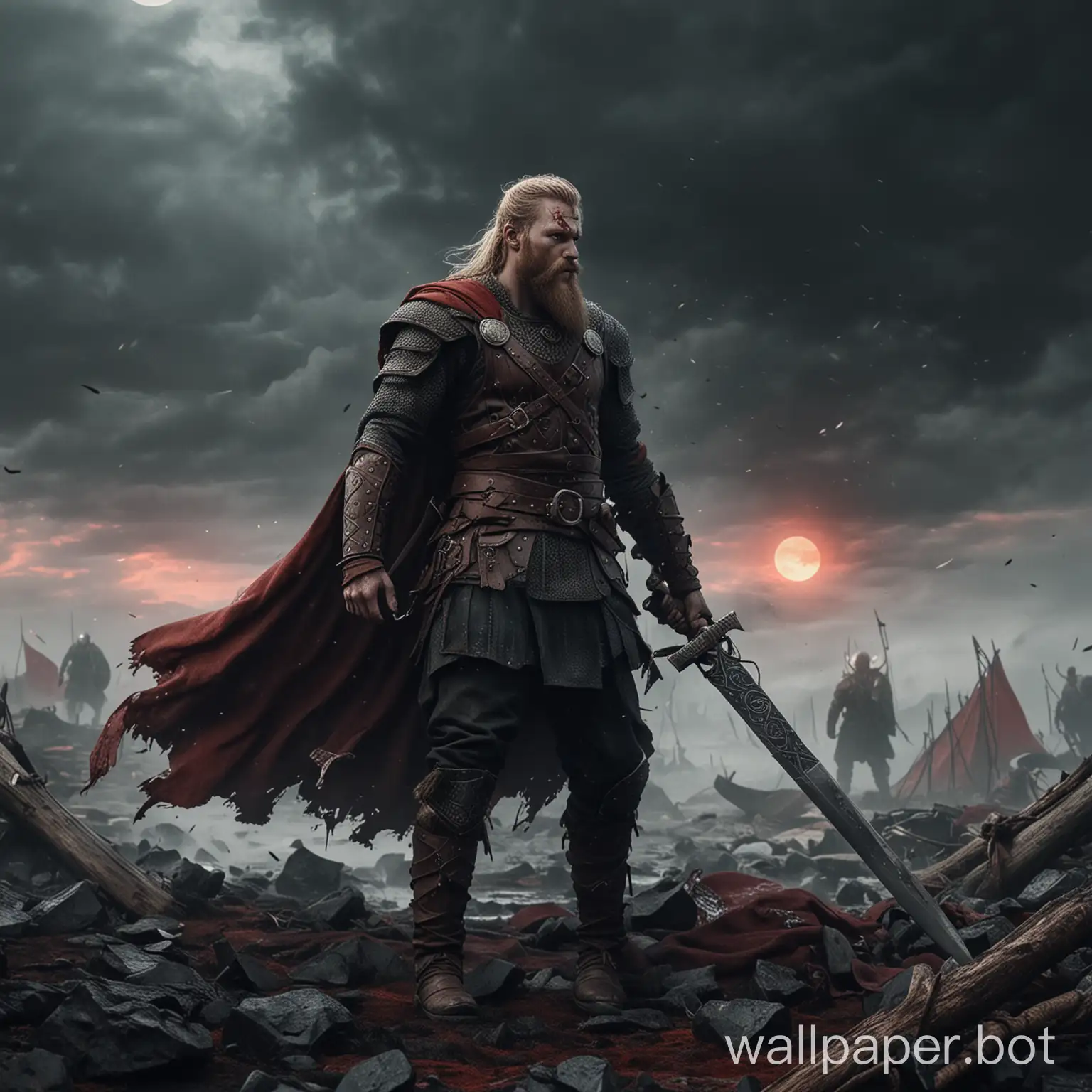 a Viking warrior depicted as a character from a Viking-themed video game, standing amidst the chaos of a battlefield. The moon, blood-red and luminous, hangs low in the sky, casting an eerie light over the scene. Wisps of fog snake along the ground, adding to the atmosphere of tension and foreboding.
The warrior, clad in rugged armor adorned with intricate Norse designs, stands tall and resolute. In one hand, he grips a gleaming sword, its edge honed to a razor-sharp edge. His gaze is steely and determined, his stance that of a seasoned fighter ready for battle.

Around him, the aftermath of conflict is evident. Broken weapons litter the ground, and the air is thick with the scent of blood and smoke. Yet amidst the chaos, the Viking warrior remains undaunted, a beacon of strength and courage in the face of adversity.The scene is rendered with stunning detail and realism, each element meticulously crafted to evoke the gritty, visceral world of Viking warfare. It's a moment frozen in time, capturing the essence of bravery and valor in the heat of battle.