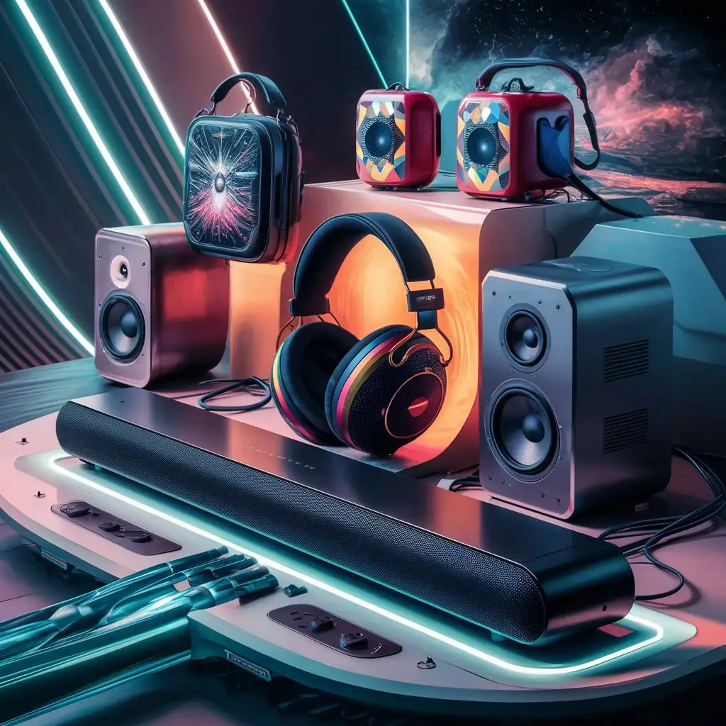 sounbar , PC  speakers and PORTABLE SPEAKERS AND headphones with cool FUTURISTIC backround PORTRAIT