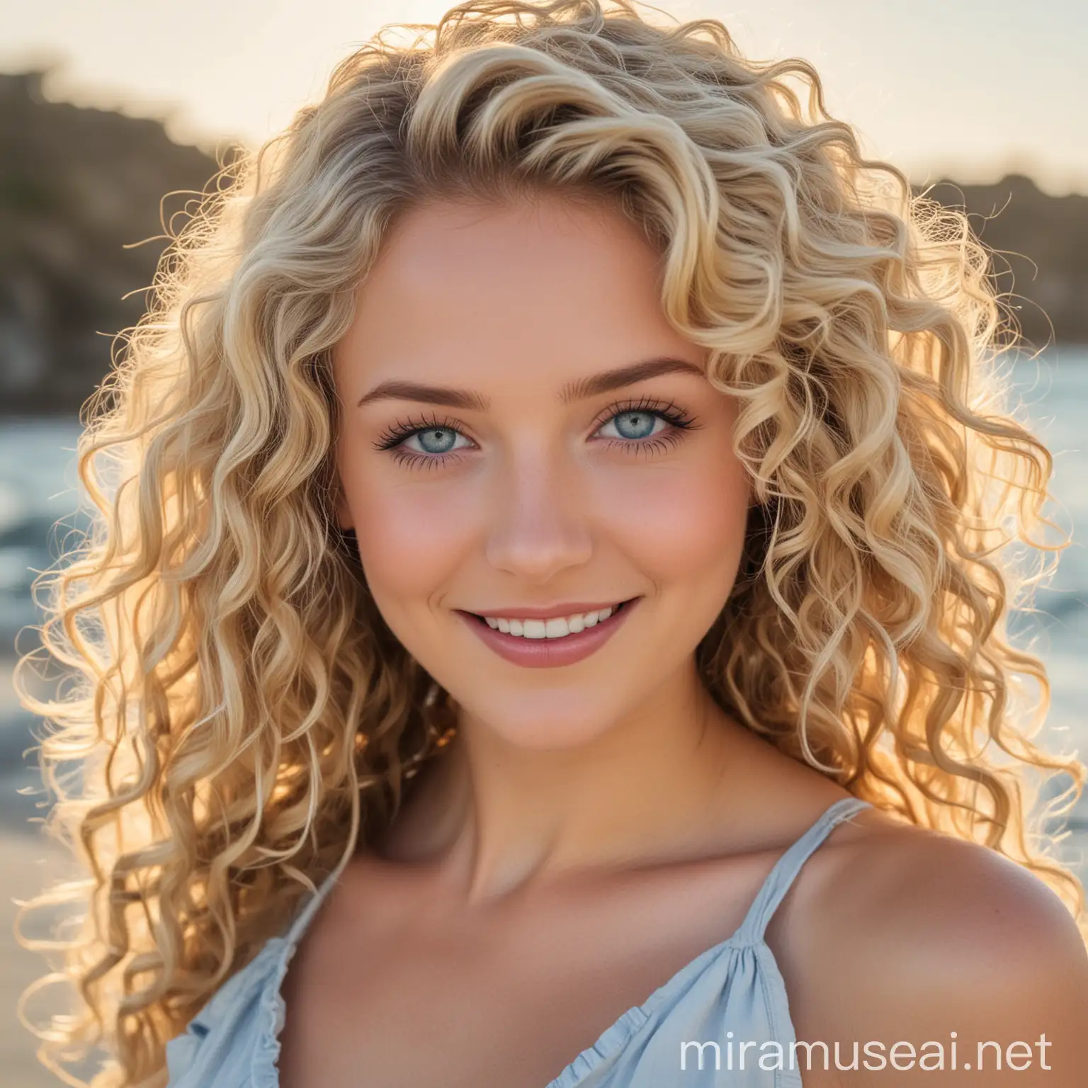 Stunning Young Blonde Women with Wavy Beach Curls and Pretty Smiles