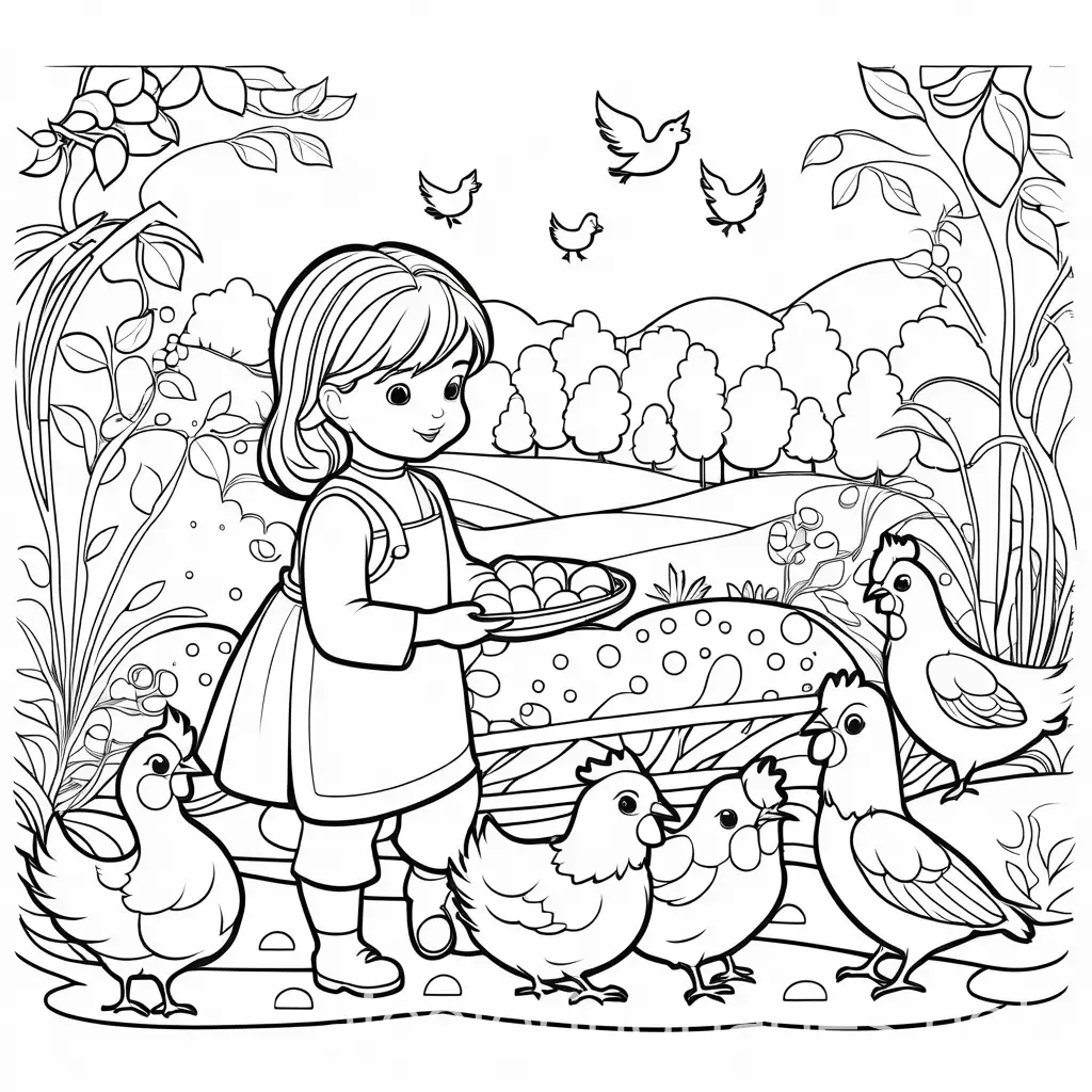 coloring book page os a 2-year-old girl named bella playing with chickens. simple art style, Coloring Page, black and white, line art, white background, Simplicity, Ample White Space. The background of the coloring page is plain white to make it easy for young children to color within the lines. The outlines of all the subjects are easy to distinguish, making it simple for kids to color without too much difficulty