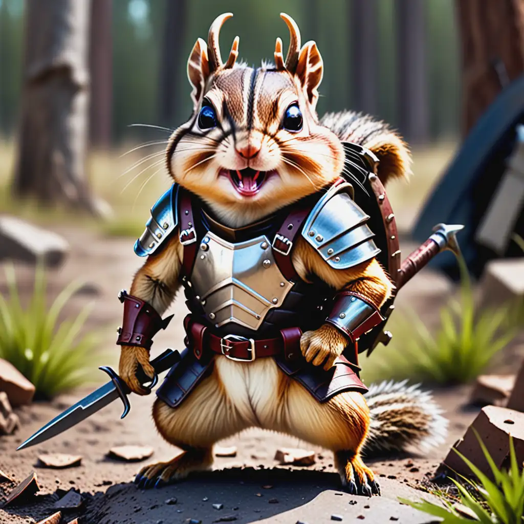 Feral, ferocious, carniverous, chipmunk wearing strapped leather armour, and with sharpened antlers, readying to kill on the battlefield