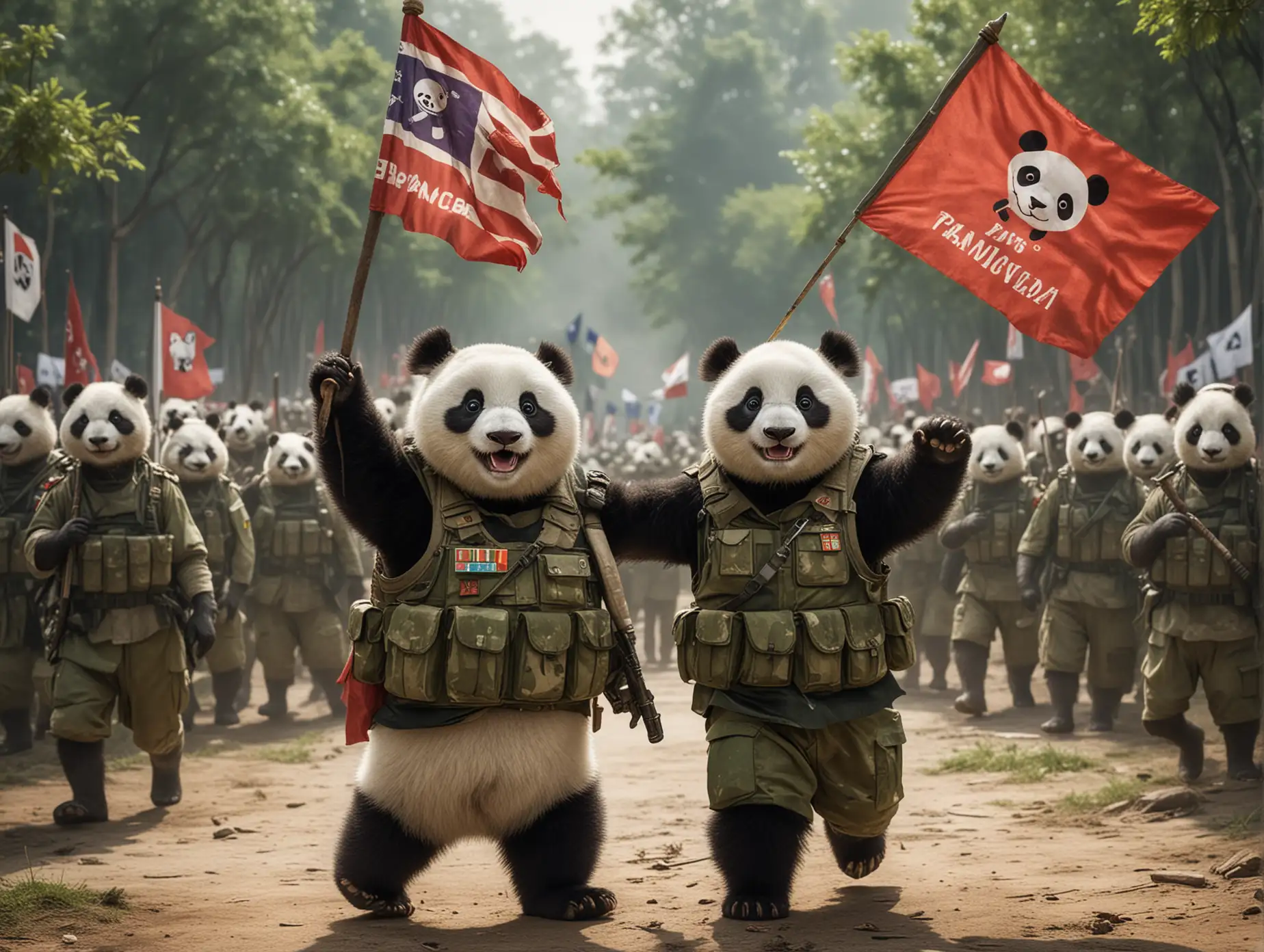 一只熊猫，穿着军服，后面是熊猫战斗分队，摇旗呐喊