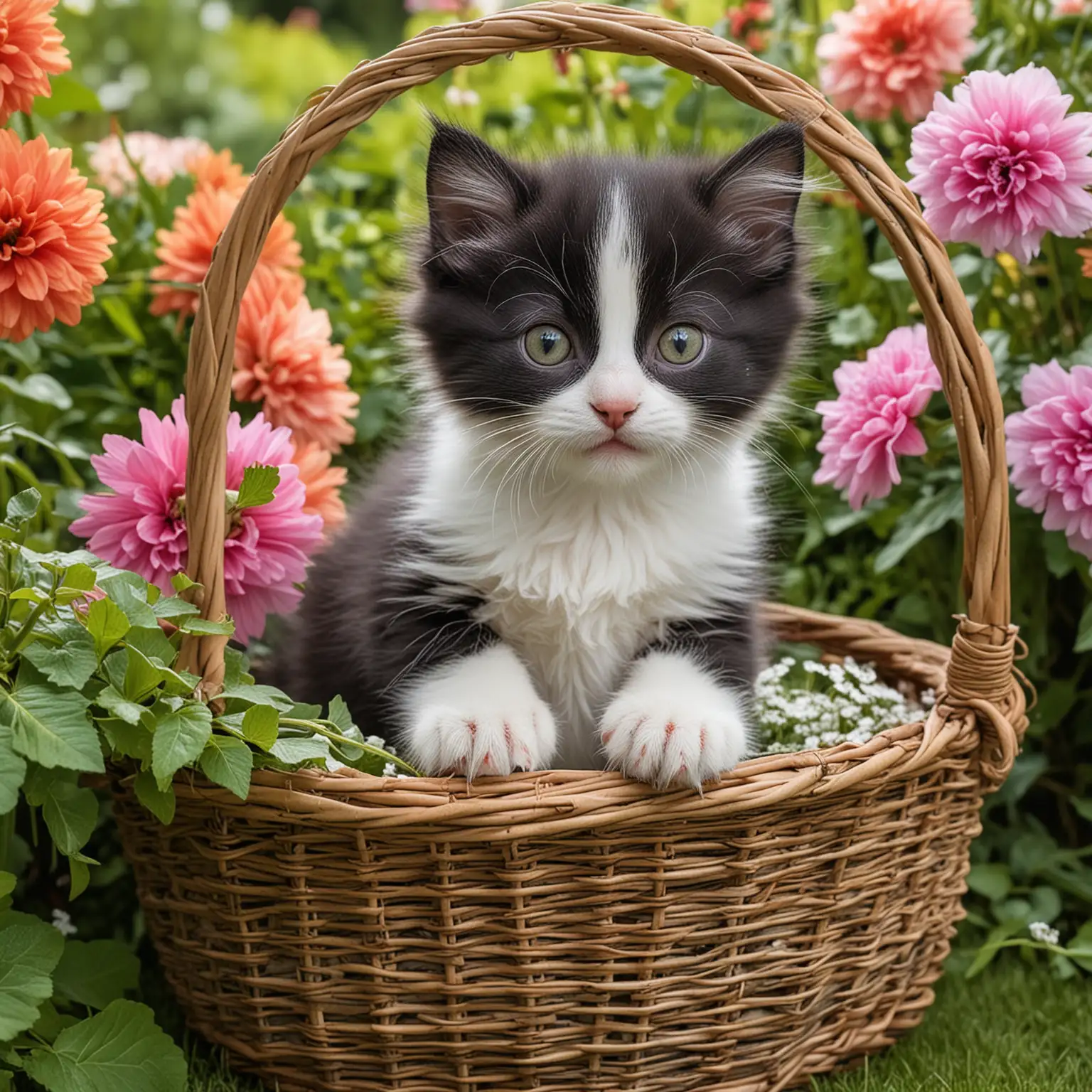 An adorable fluffy, black and white wide-eyed kitten tumbles playfully in a wicker basket overflowing with vibrant flowers in a green garden