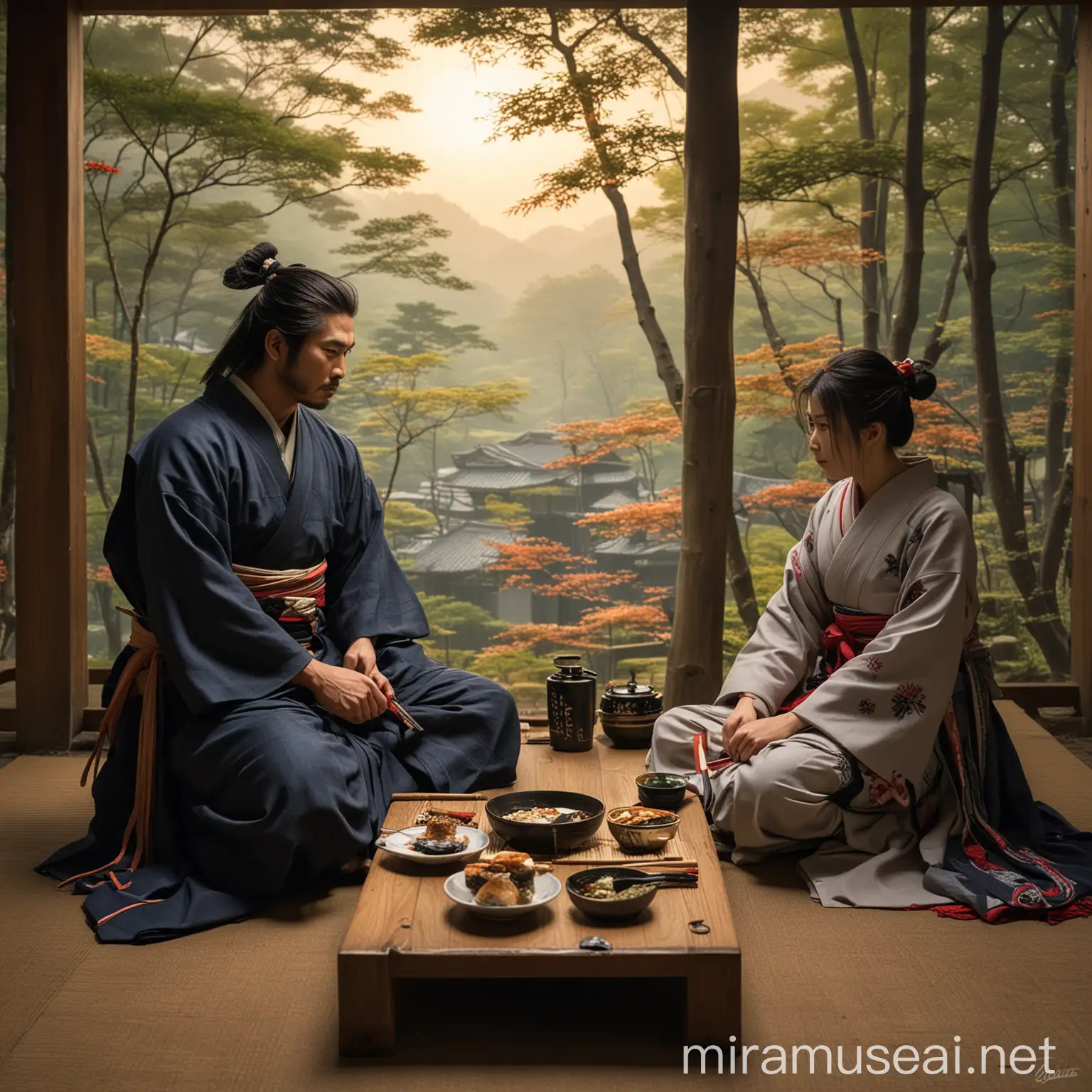 Samurai and Kunoichi Sharing a Quiet Meal