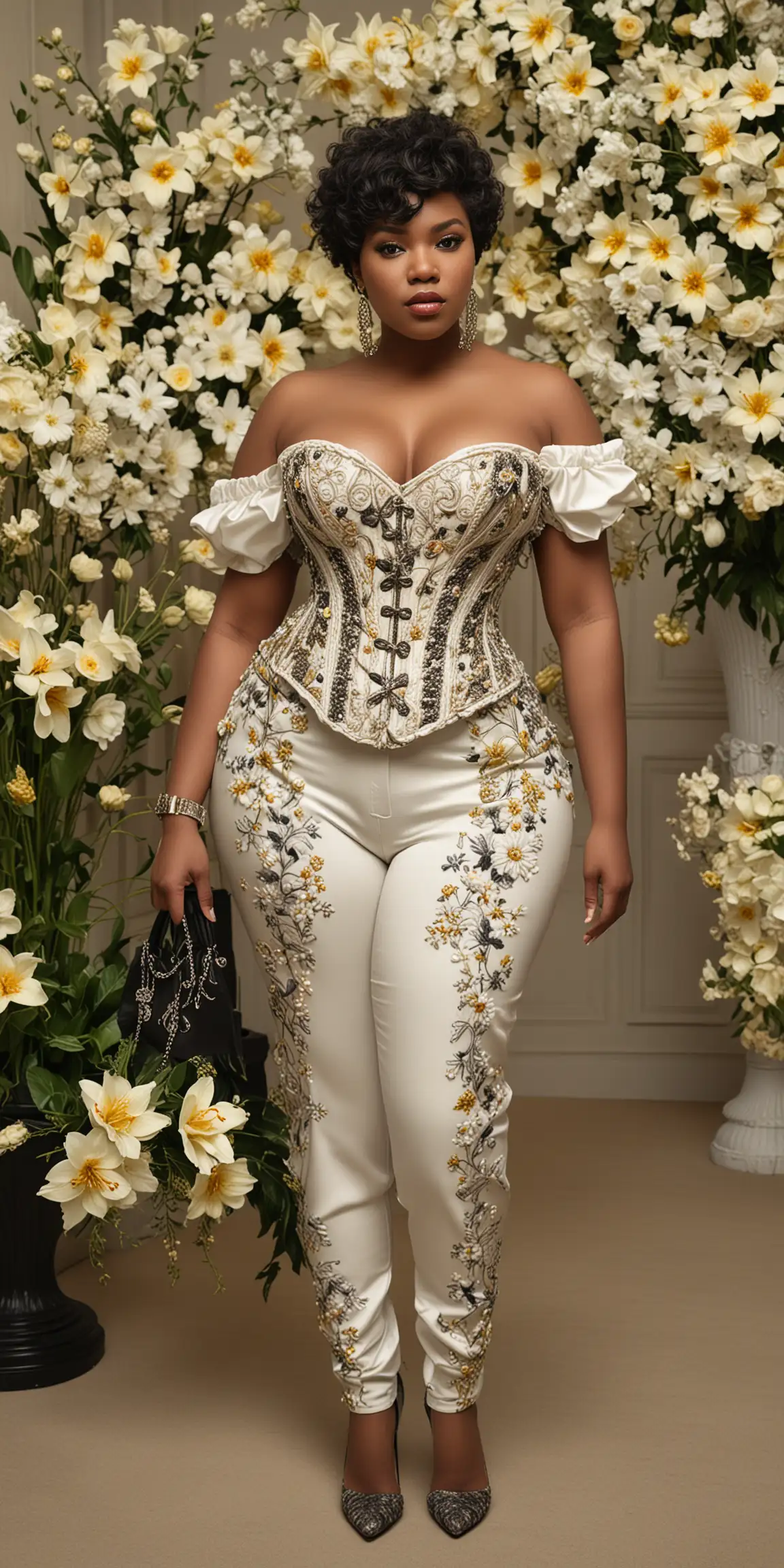 A professional, vivid, high-res photograph with a 75:128 ar, q 4, & a dramatic, wide-angle perspective, set at the Met Gala, with flowers, showcases a stunning, plus-size, African model with pixie haircut.
She's dressed in an intricately designed, bold, high-fashion off-the-shoulder jumpsuit with HD floral embroidery, waist cinching (corset), high-res detail in shades of white, black, ash & grey. She poses, carrying a velvet purse, wearing exotic jewelry and white (or yellow) Louboutin heels. The image is crisp, sharp, and in HD, HDR.