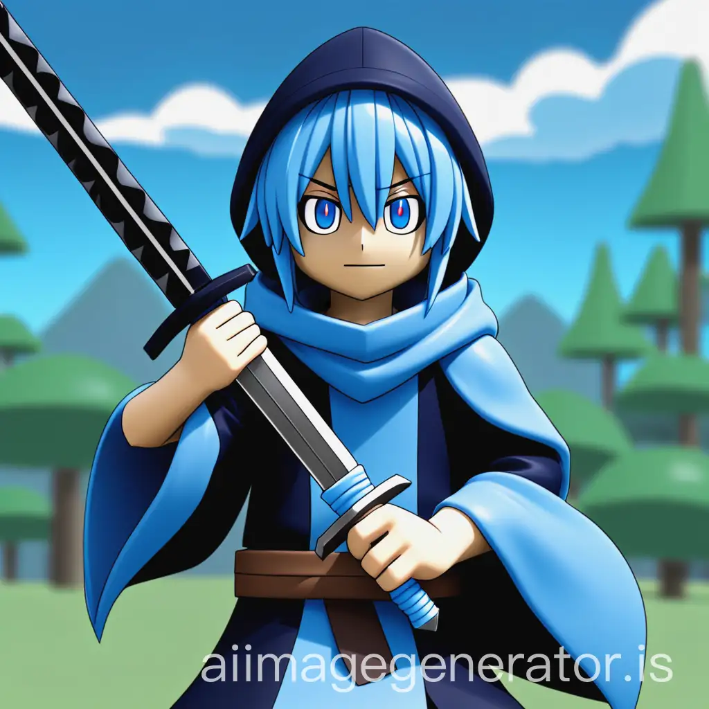 Draw me an Anime character Rimuru in Roblox style and make the background filled with blue color  the other hand would hold Rimuru's sword