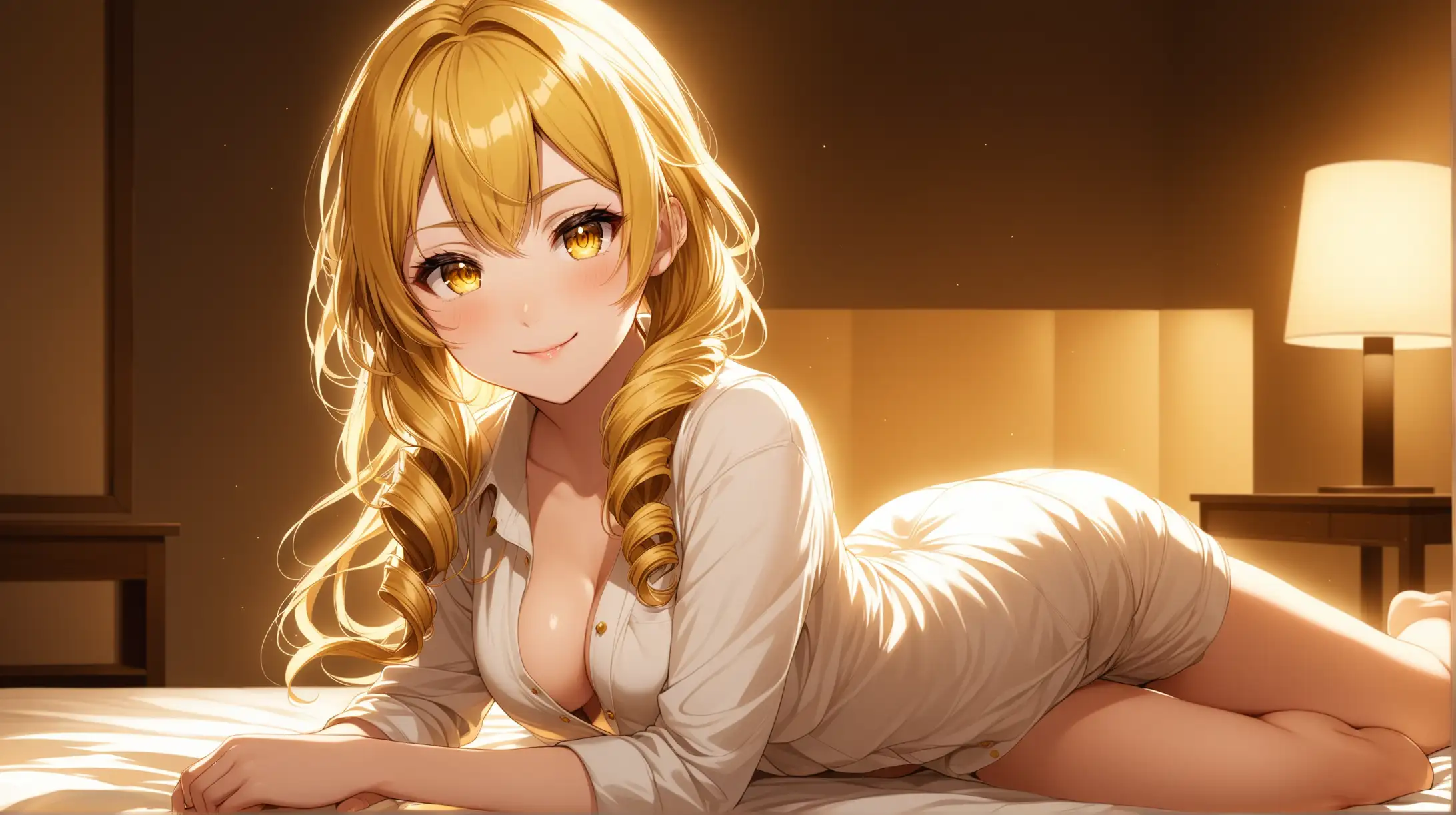 Draw the character Mami Tomoe, blonde, drill hair, yellow eyes, high quality, ambient lighting, long shot, indoors, seductive pose, relaxed outfit, smiling at the viewer