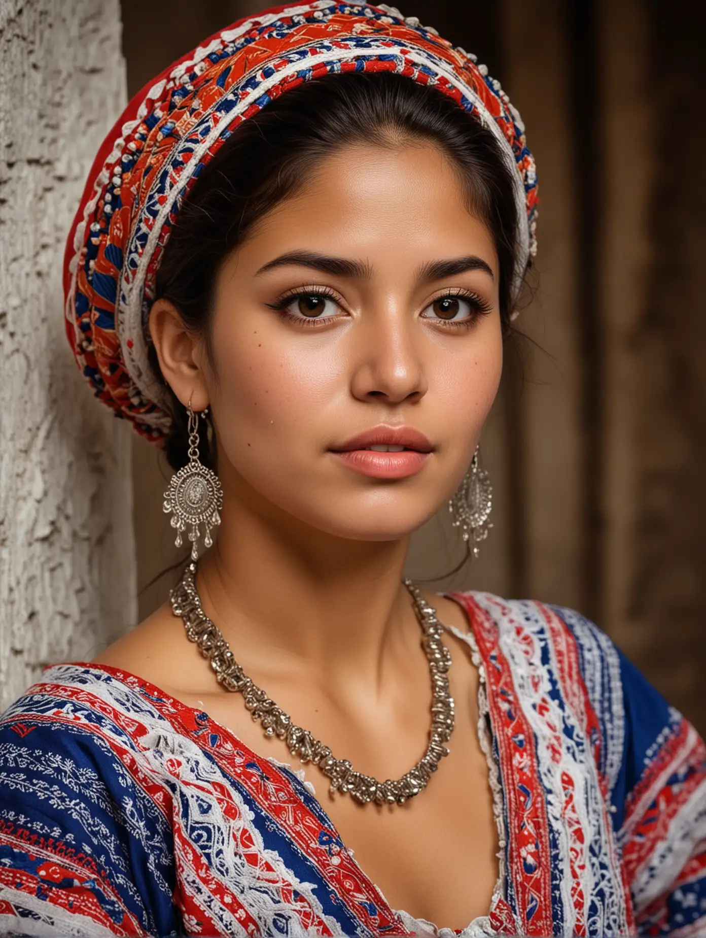 A beautiful woman, Salvadoran, wearing Salvadoran traditional clothing, with exquisite facial features, known for her architectural background from El Salvador, proficient in professional photography technology
