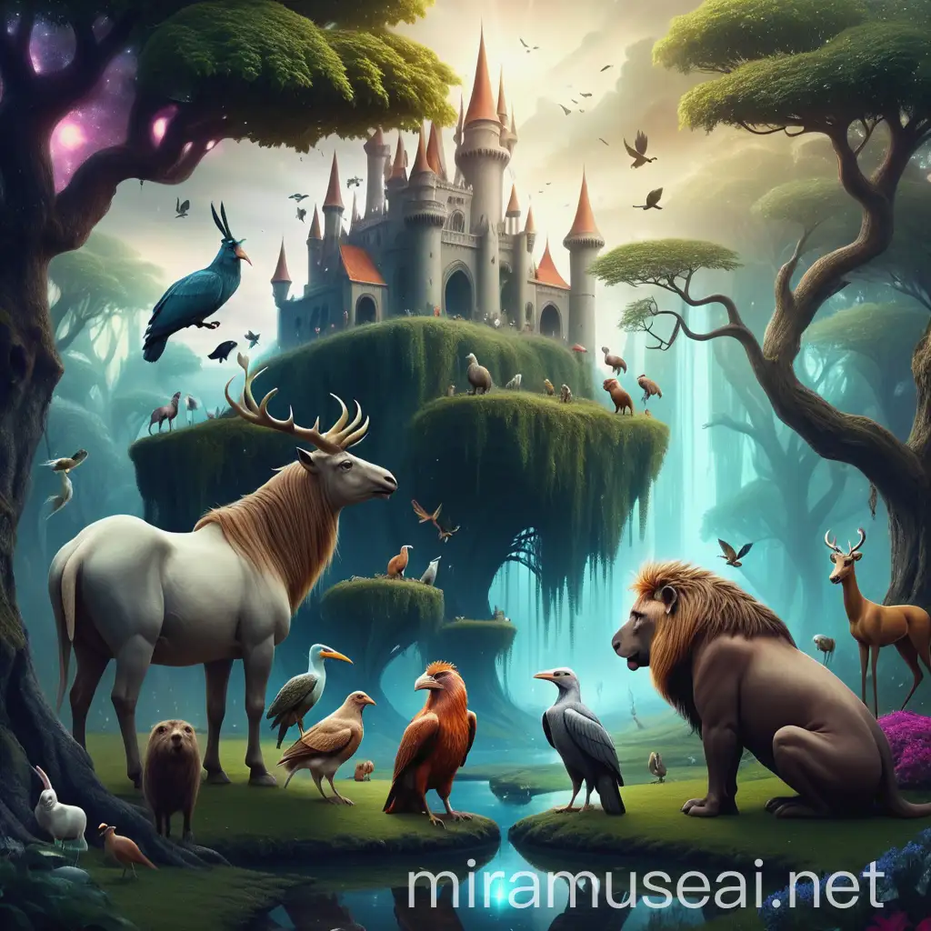  mystical  land filled with talking animals, majestic ,fantasy like ,