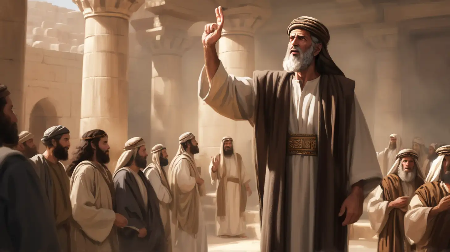 epoque biblique, un bel homme hébreu de 40 ans debout avec un foulard sur la tête prête serment en levant la main  gauche dans un tribunal antique hébreu