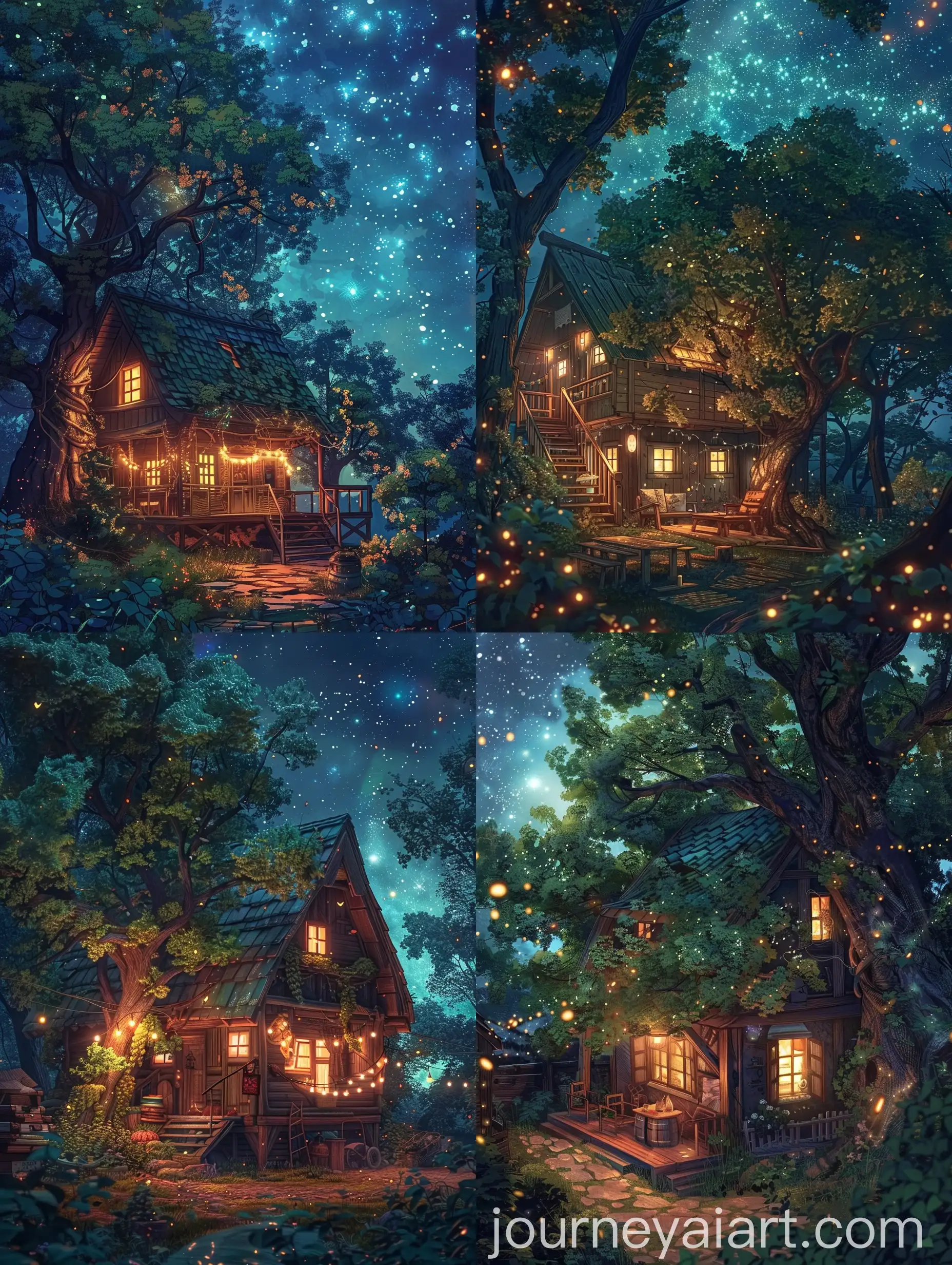 Cozy-Home-with-Whimsical-Tree-and-Anime-Style-Lighting