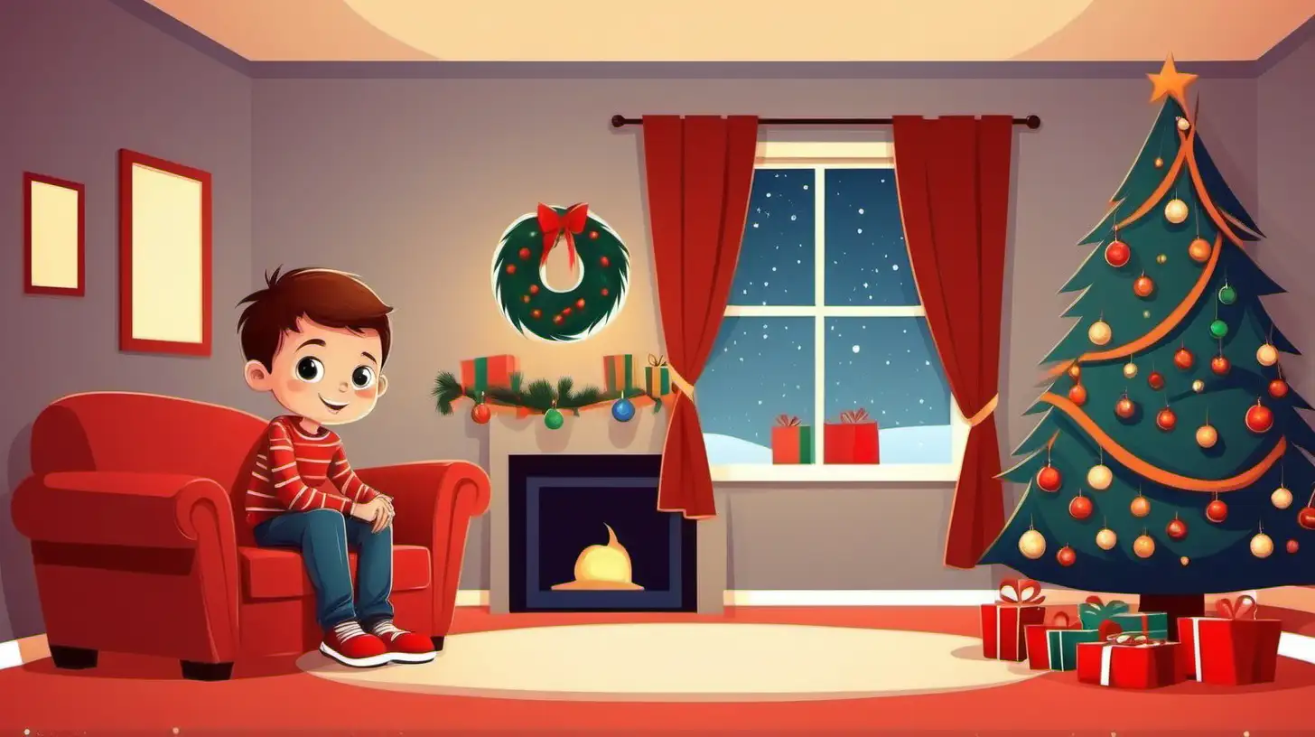 Cartoon Style Little Boy Celebrating Christmas in His Cozy Living Room