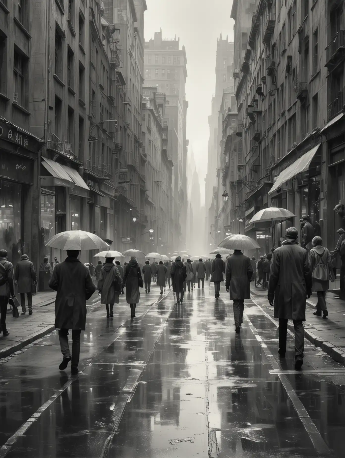 Desaturated Cityscape Art with Light Contrast People Passing on the Street