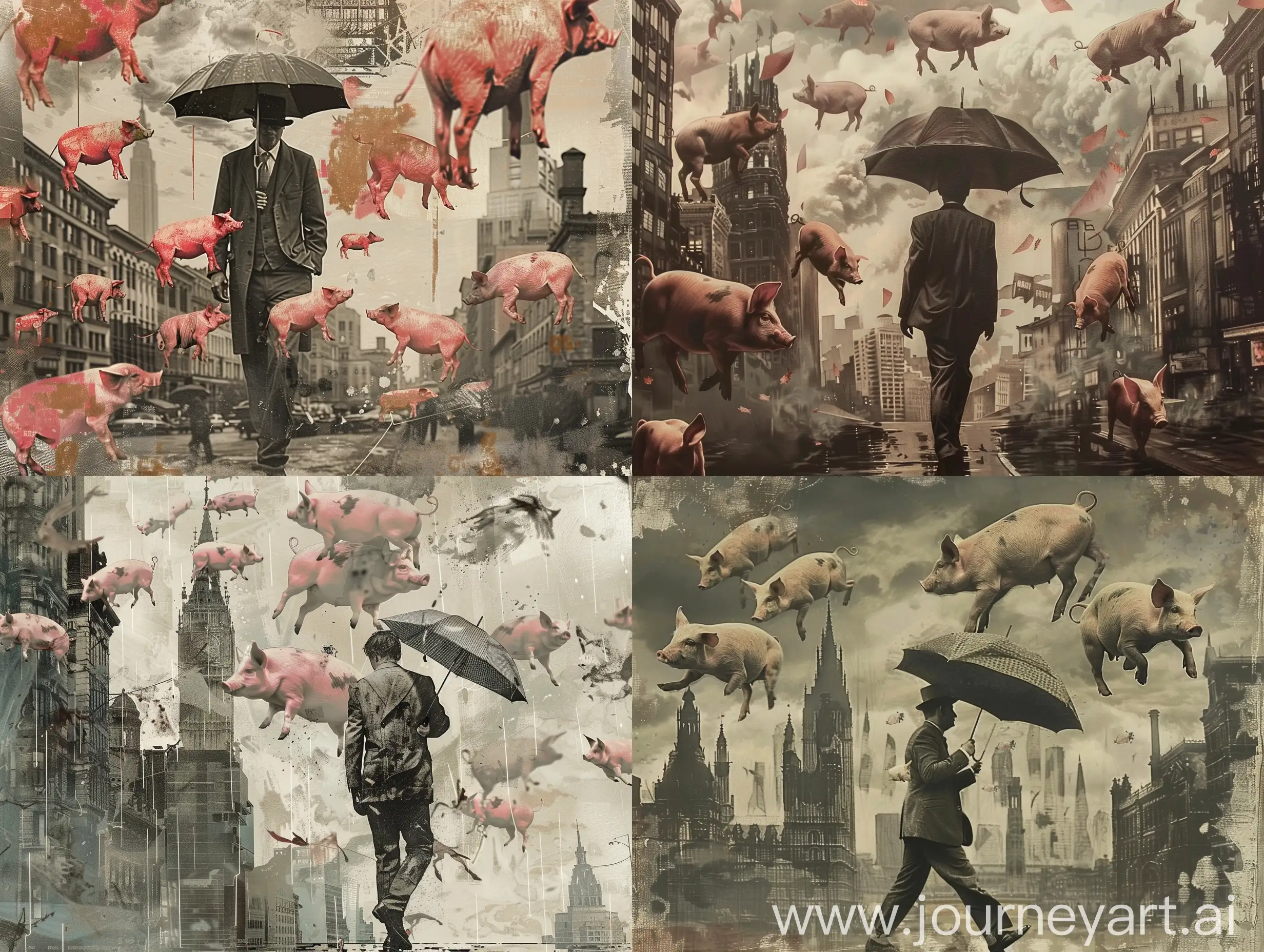 Surrealist-Urban-Scene-Man-in-Vintage-Suit-Walking-with-Umbrella-Amidst-Falling-Pigs