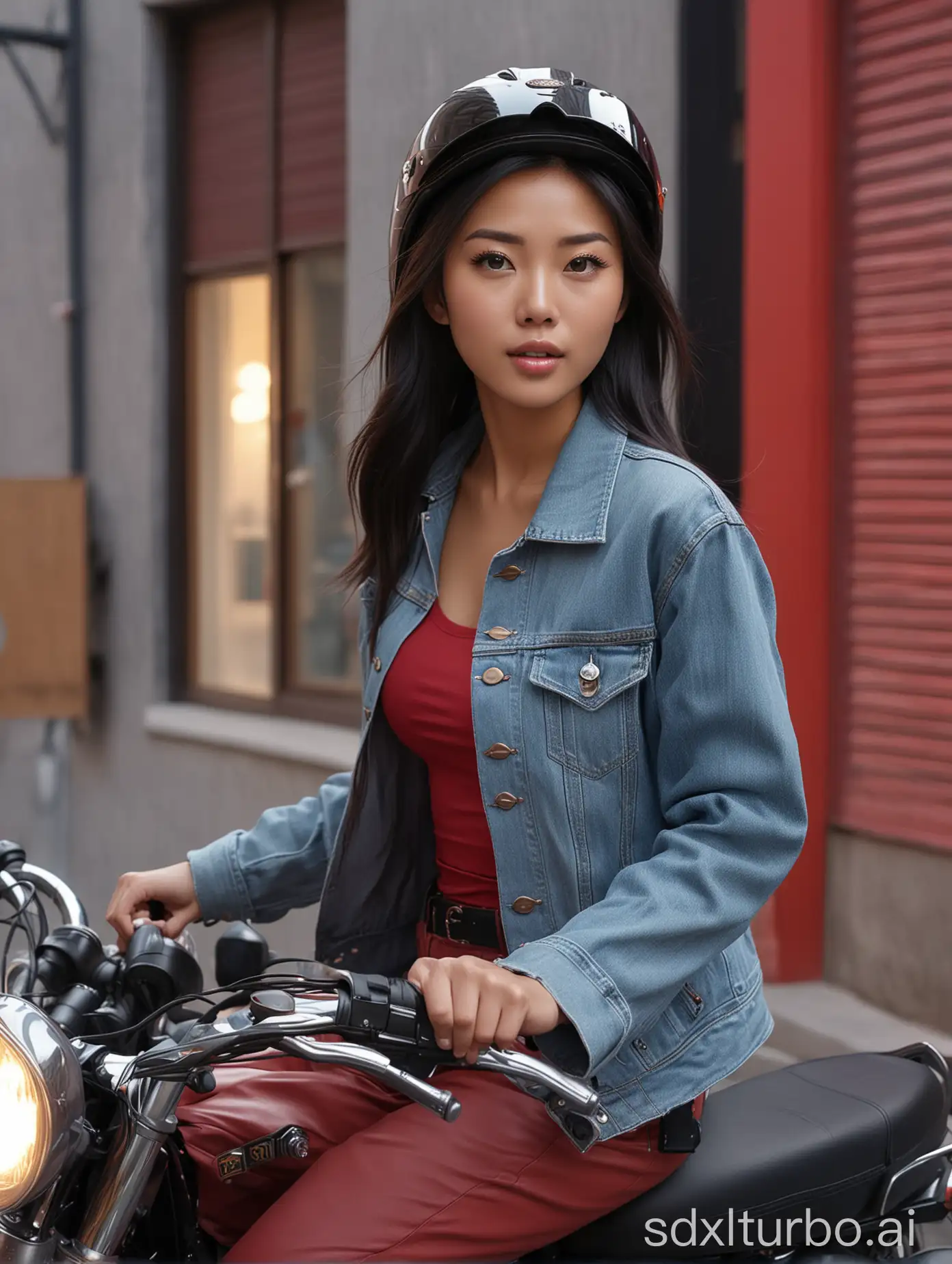 a beautiful young asian woman, perfect face, riding a motorbike, black hair, wearing a helmet, wearing a casual denim jacket, gray wide leg pants, firm round breasts, Busy red light background and busy cinematic lighting, View veiwer, pov , ((  ((high detail skin)))), 8k,