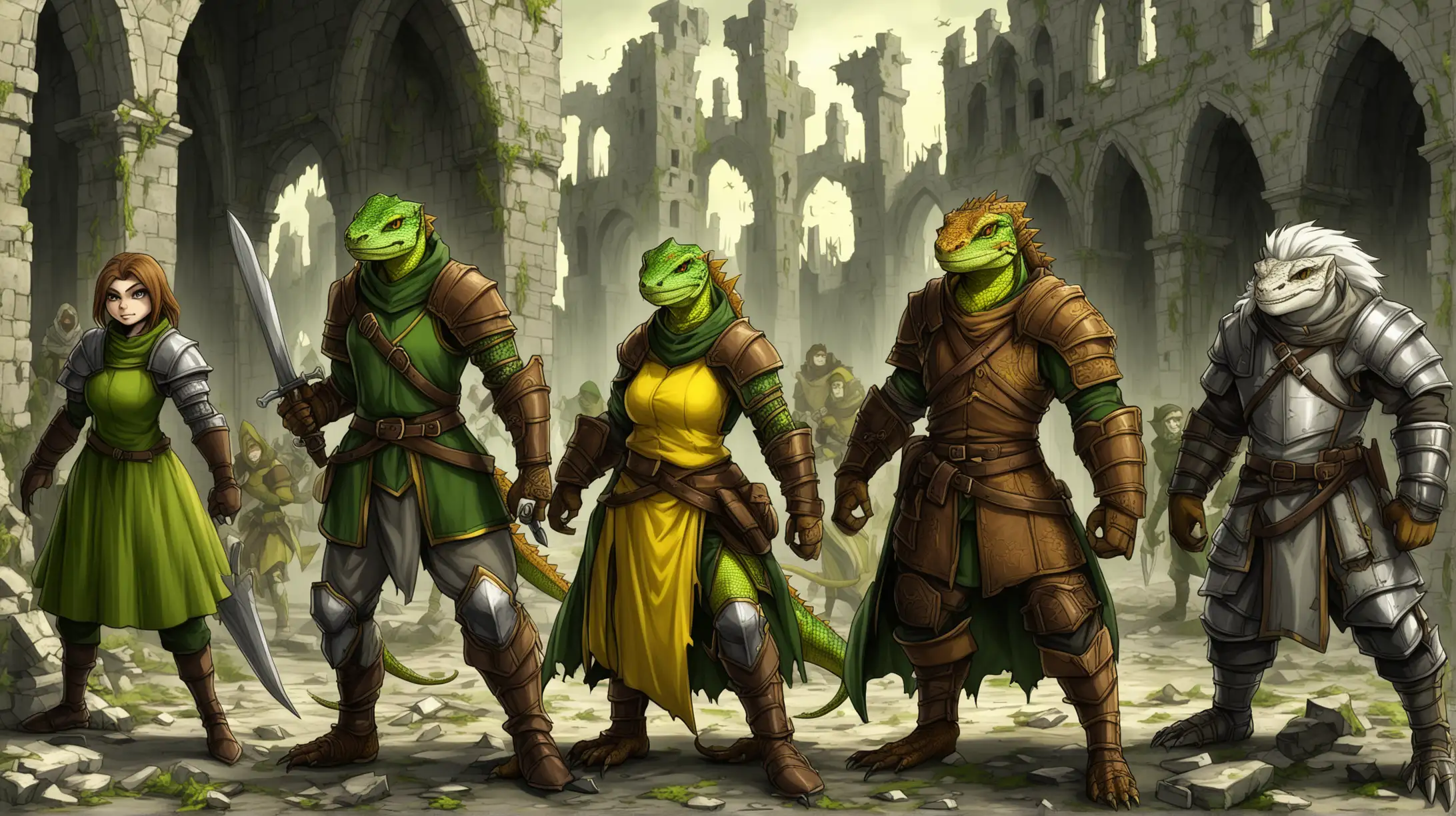 hybrid lizard men, hybrid lizard women, brown green gray yellow, rogues, warrior, furry, ruins, Medieval fantasy
