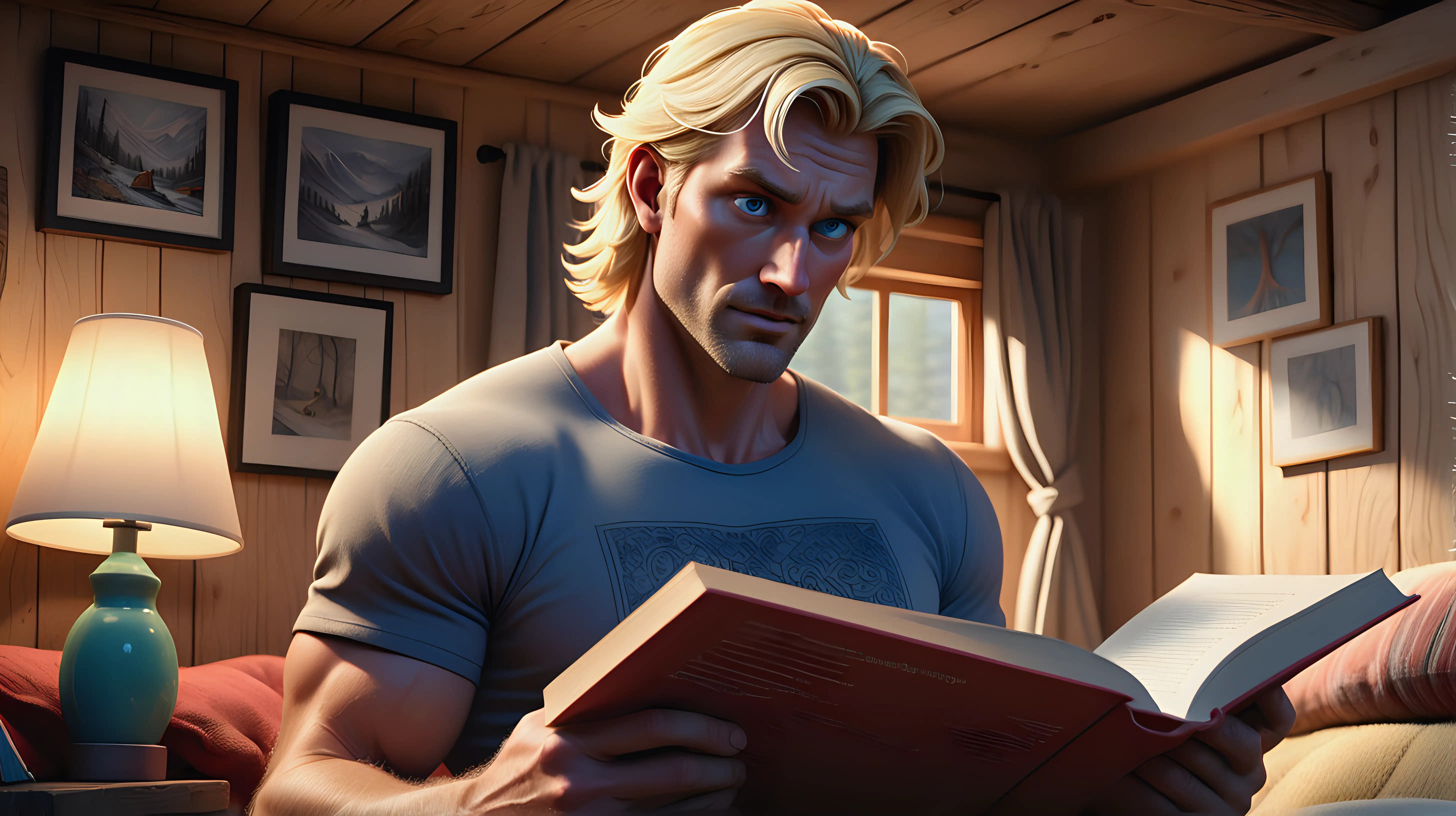 Blonde Man Jack Relaxing in Cozy Cabin Reading Book