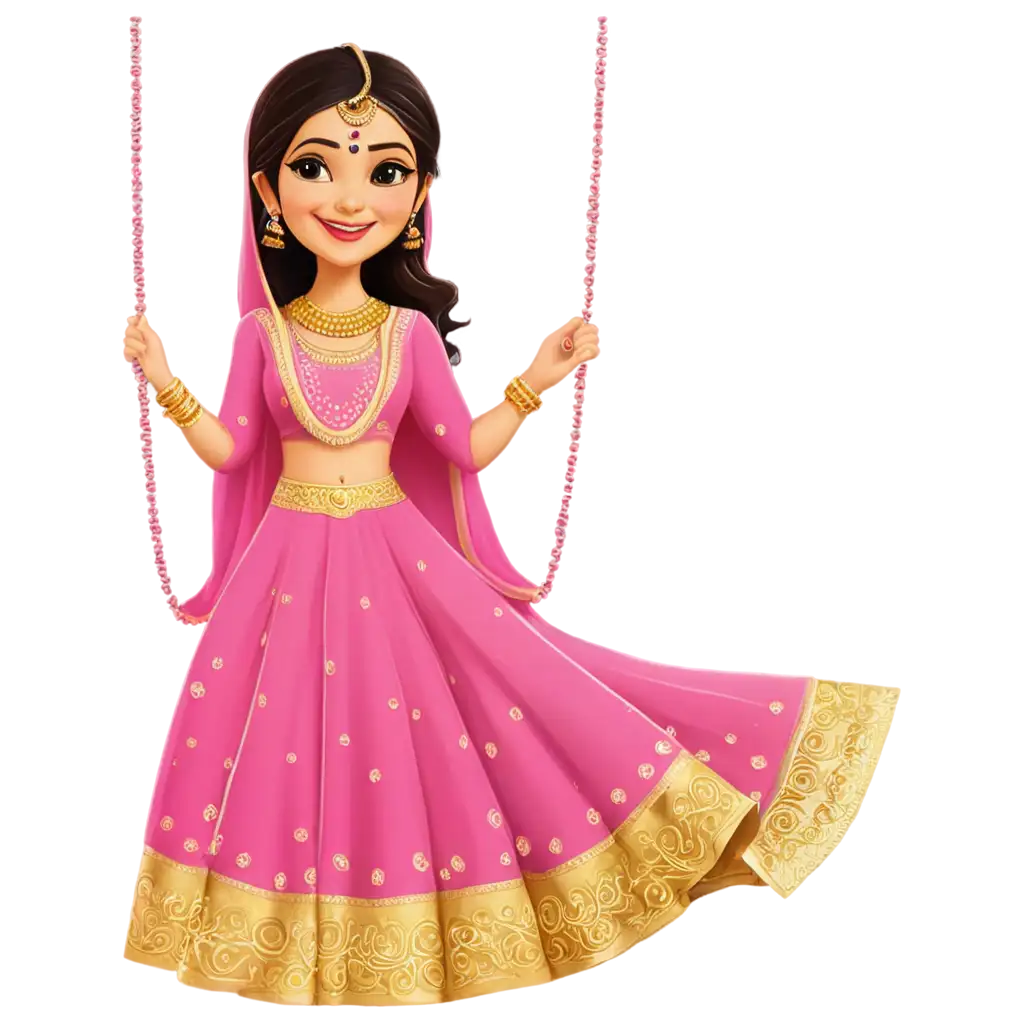 mehndi cartoon bride on swing with pink lehenga