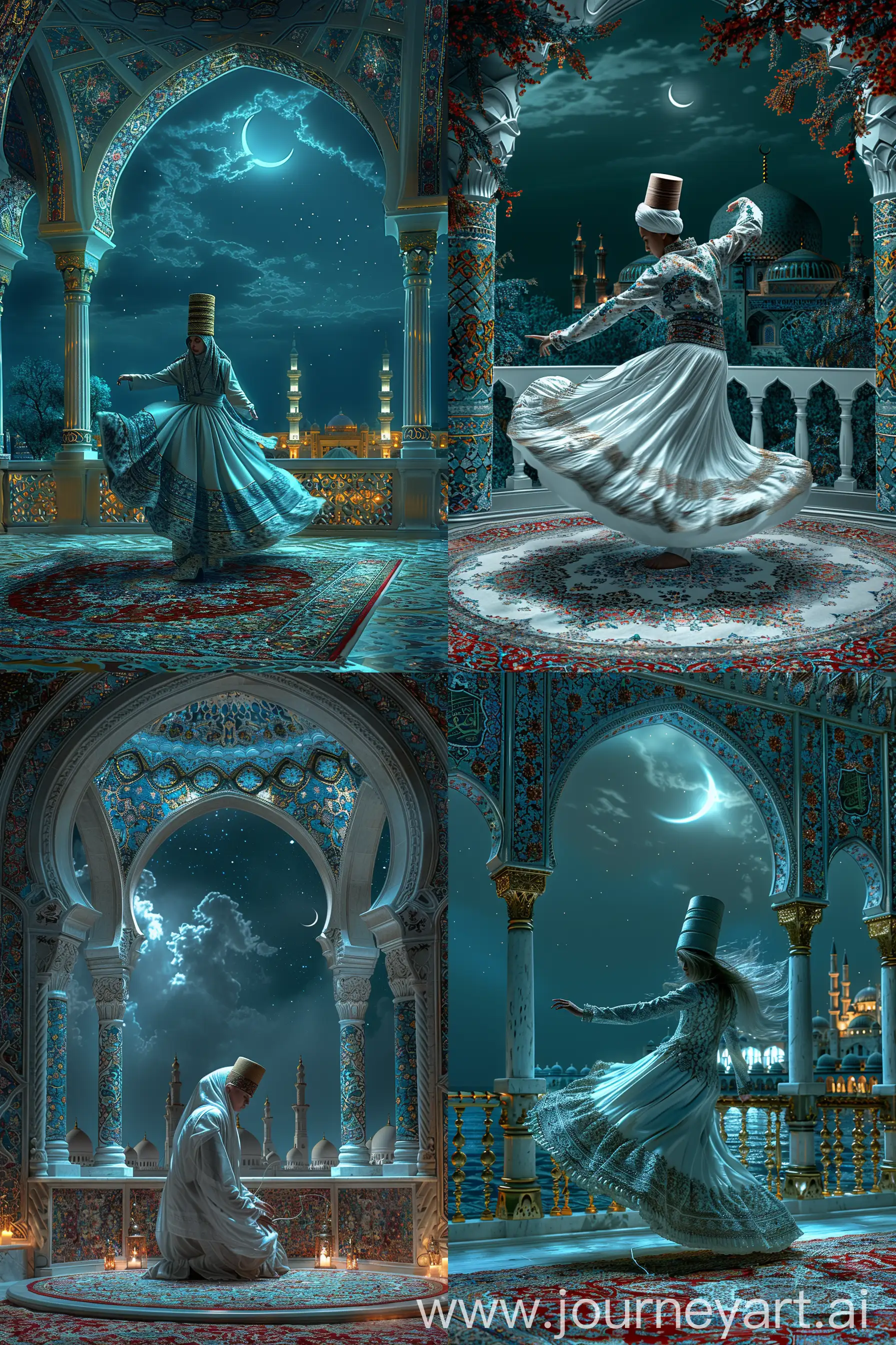 A young British dervish wearing cylindrical fez cap performing sufi whirling sema dance on a persian carpet, inside an octagonal balcony having three arches decorated with persian floral motifs, serene night sky with a crescent, view of Persian tiled mosque, White blue red golden  --v 6 --ar 2:3 --sref  https://cdn.discordapp.com/attachments/1213041174428782623/1246562622023667812/IMG_20240326_220808.png?ex=66602329&is=665ed1a9&hm=9170109863dc2f0af54ab3142373f4e8a90d2bf88e839b7b0cc3564cf0fa90d2& --style raw --q 1 --s 999