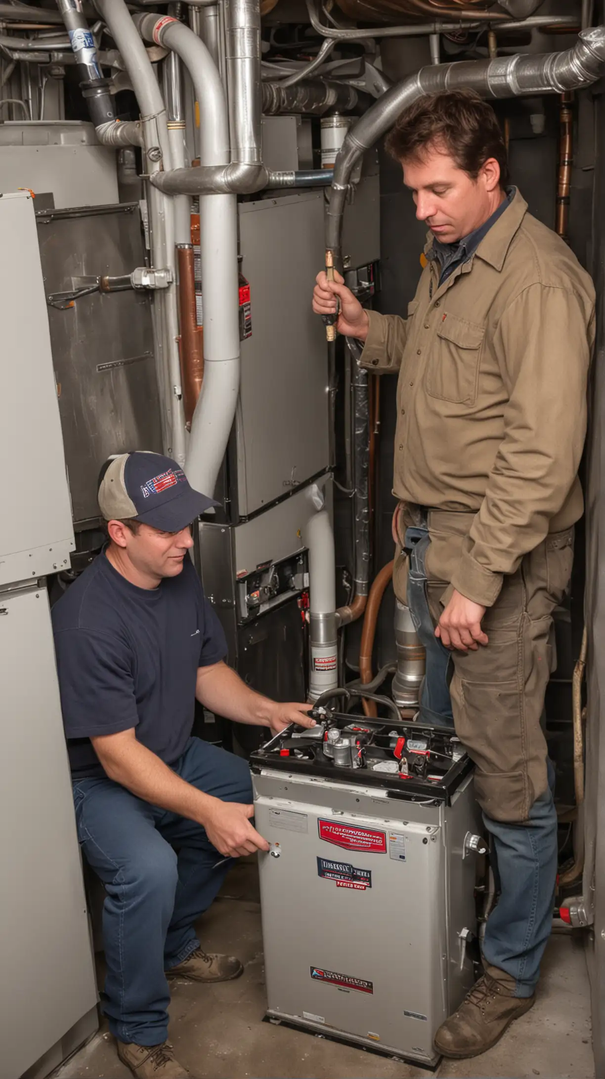American Workers Installing New Furnace Efficient Home Improvement