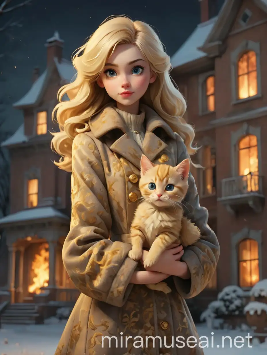 blonde girl in a retro coat with a golden kitten in her arms in front of a burning mansion at winter night